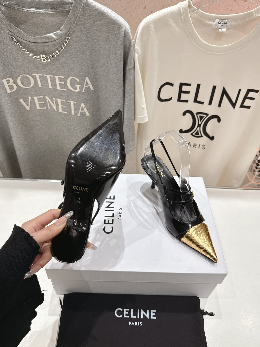 Celine Celine 25C Judy Double Strap Mary Jane Slingback Black mix Gold Sheepskin 236775