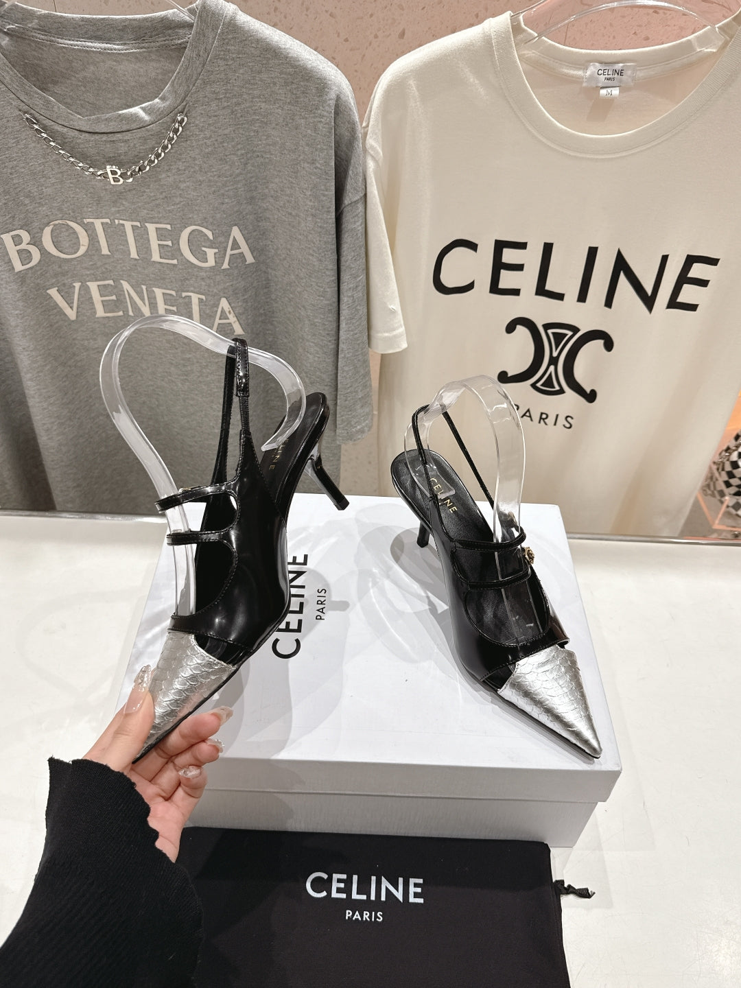 Celine Celine 25C Judy Double Strap Mary Jane Slingback Black mix Silver Sheepskin 236776