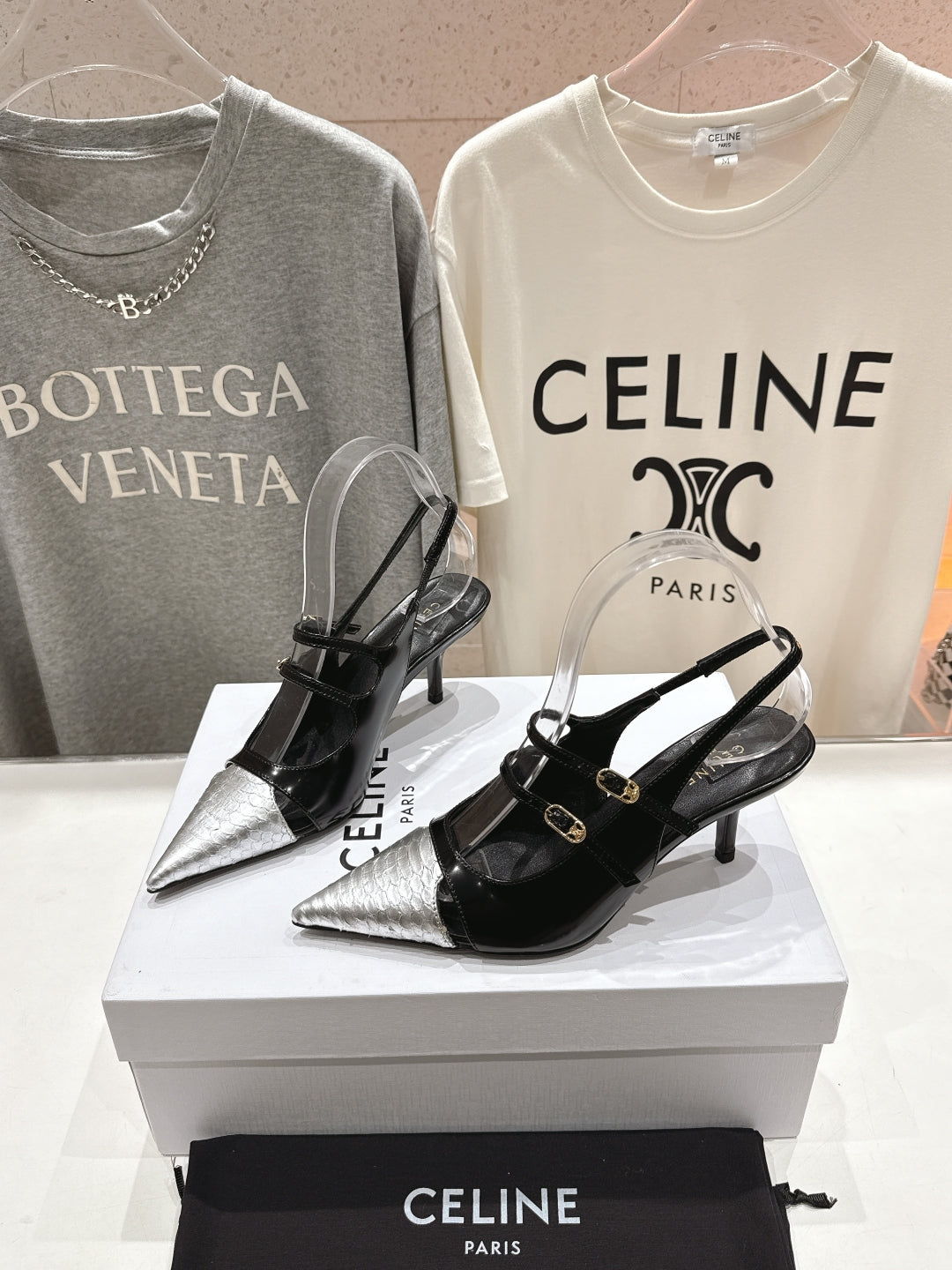 Celine Celine 25C Judy Double Strap Mary Jane Slingback Black mix Silver Sheepskin 236776
