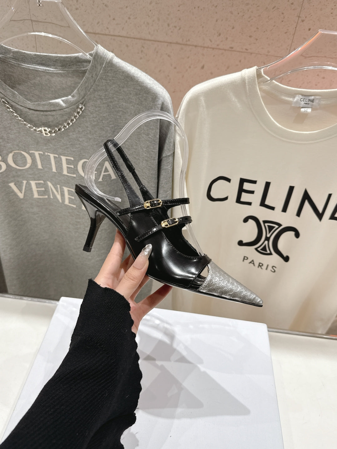 Celine Celine 25C Judy Double Strap Mary Jane Slingback Black mix Silver Sheepskin 236776