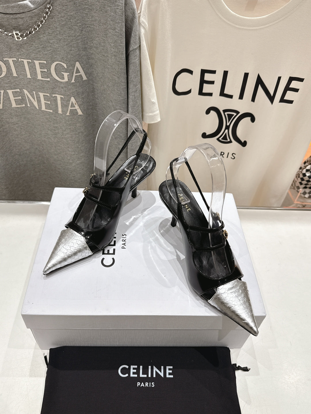 Celine Celine 25C Judy Double Strap Mary Jane Slingback Black mix Silver Sheepskin 236776