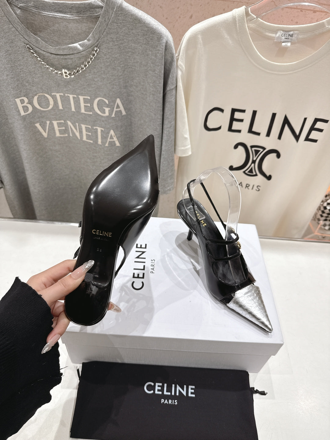 Celine Celine 25C Judy Double Strap Mary Jane Slingback Black mix Silver Sheepskin 236776