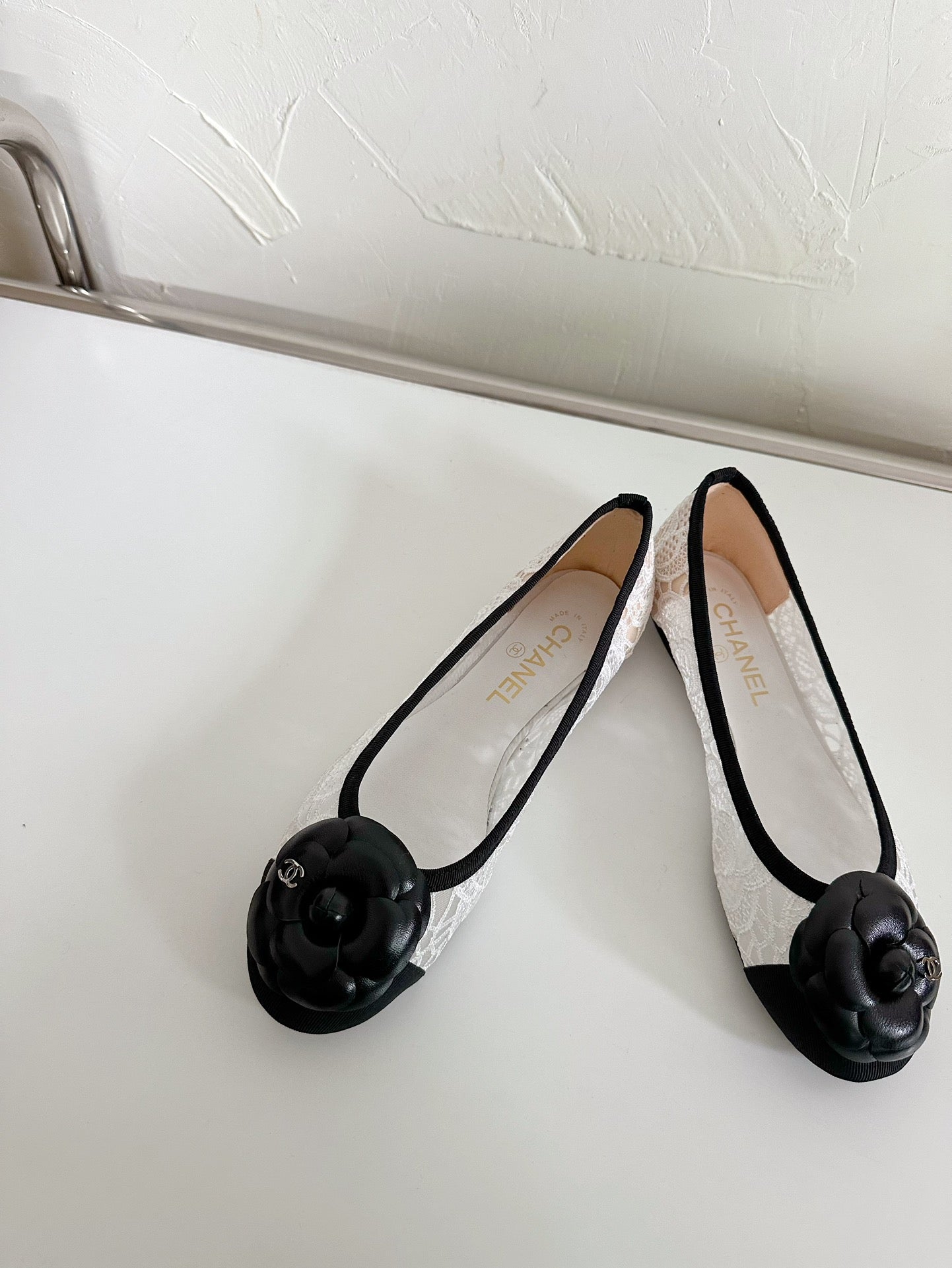 CHANEL Ballet Flats White Lace Mesh Black Grosgrain Flower