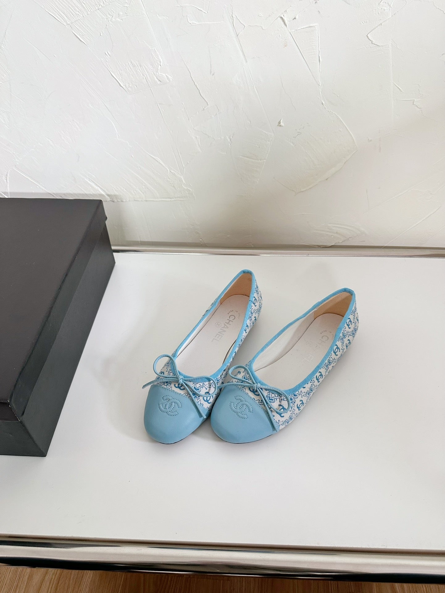 CHANEL Ballet Flats Cloud Blue Cloth Calfskin