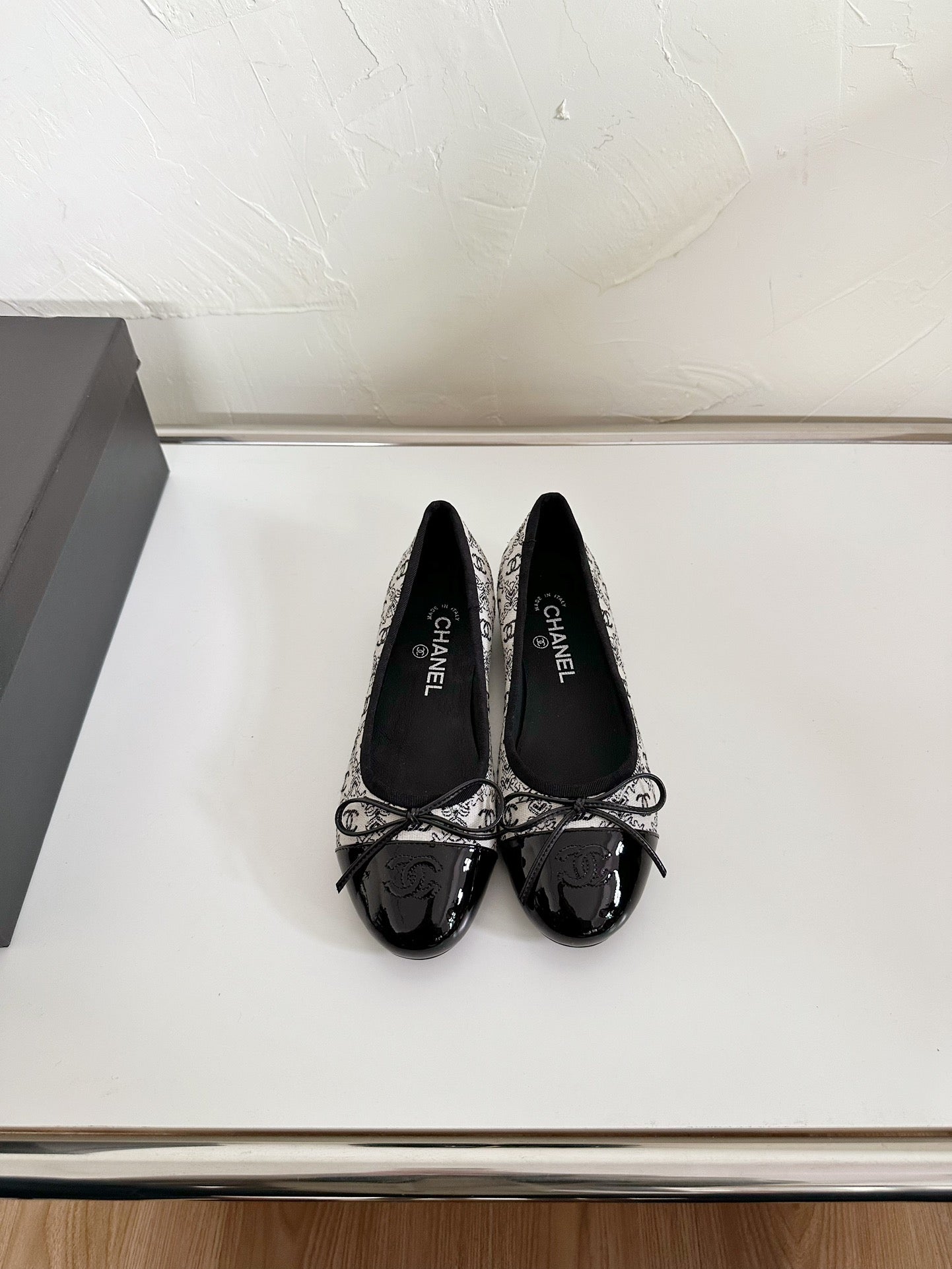 CHANEL Ballet Flats White Cloth Black Patent Calfskin