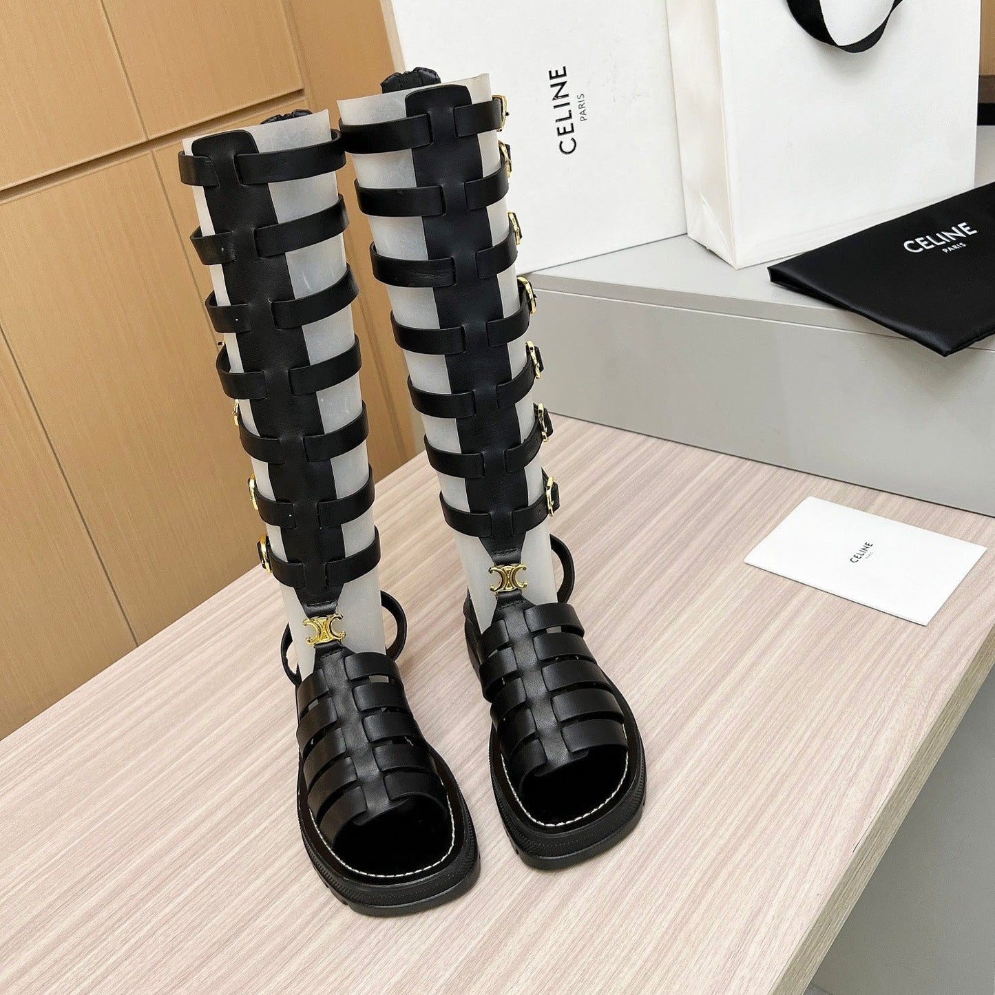 Celine Triomphe high boots leather buckles Black