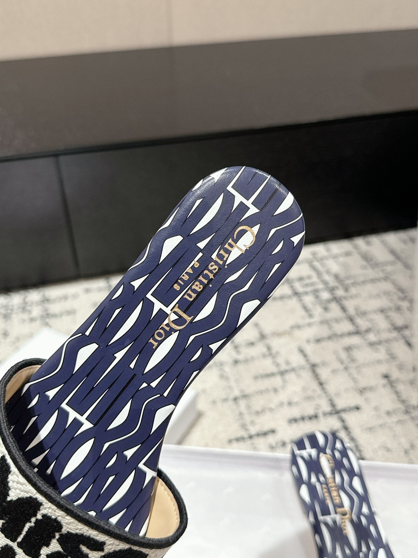 DIOR Dway Slide Deep Blue Mix White Black Embroidered Cotton