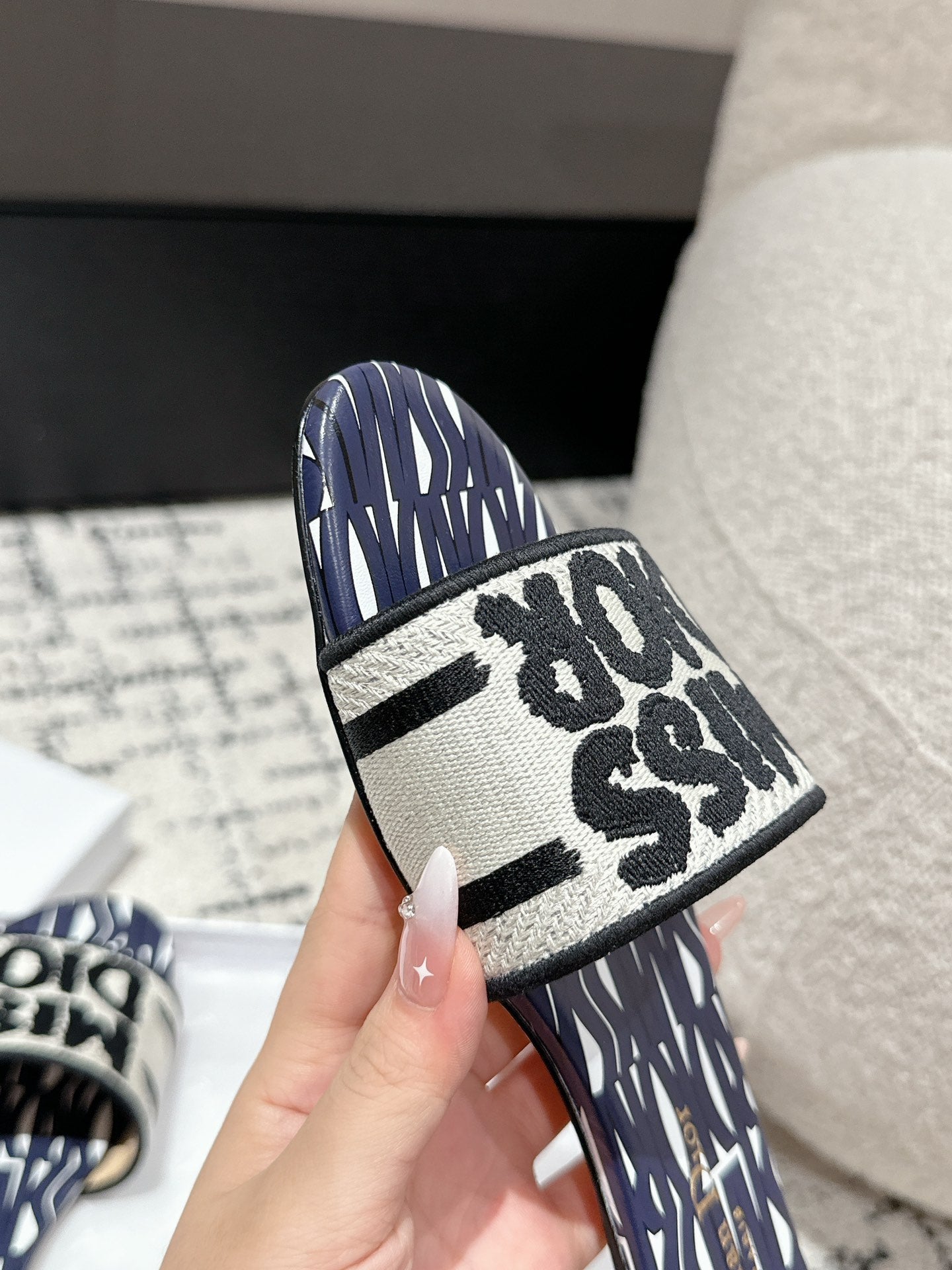 DIOR Dway Slide Deep Blue Mix White Black Embroidered Cotton