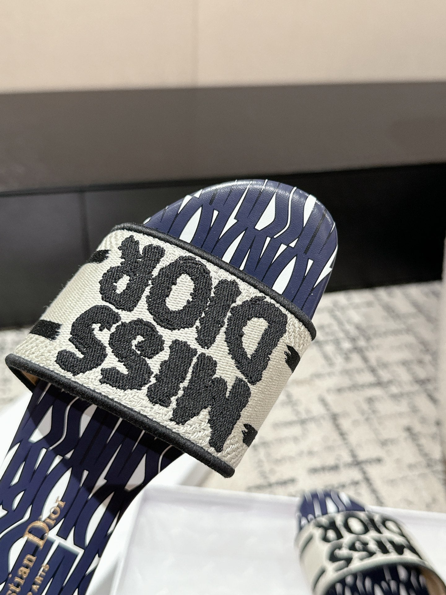 DIOR Dway Slide Deep Blue Mix White Black Embroidered Cotton