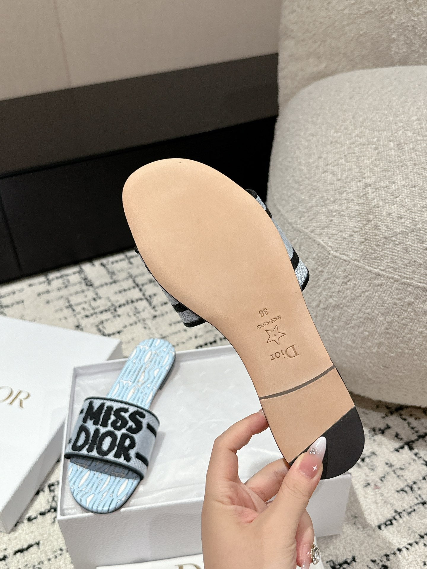 DIOR Dway Slide Blue Black Embroidered Cotton