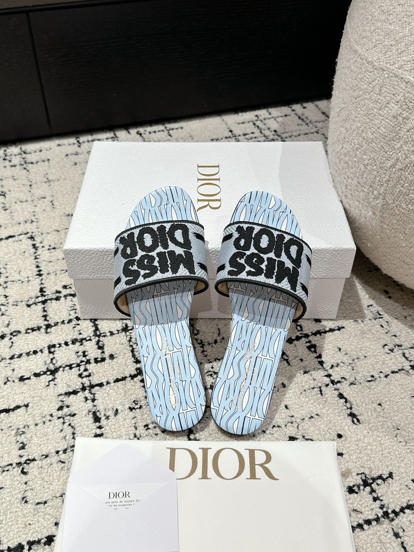 DIOR Dway Slide Blue Black Embroidered Cotton