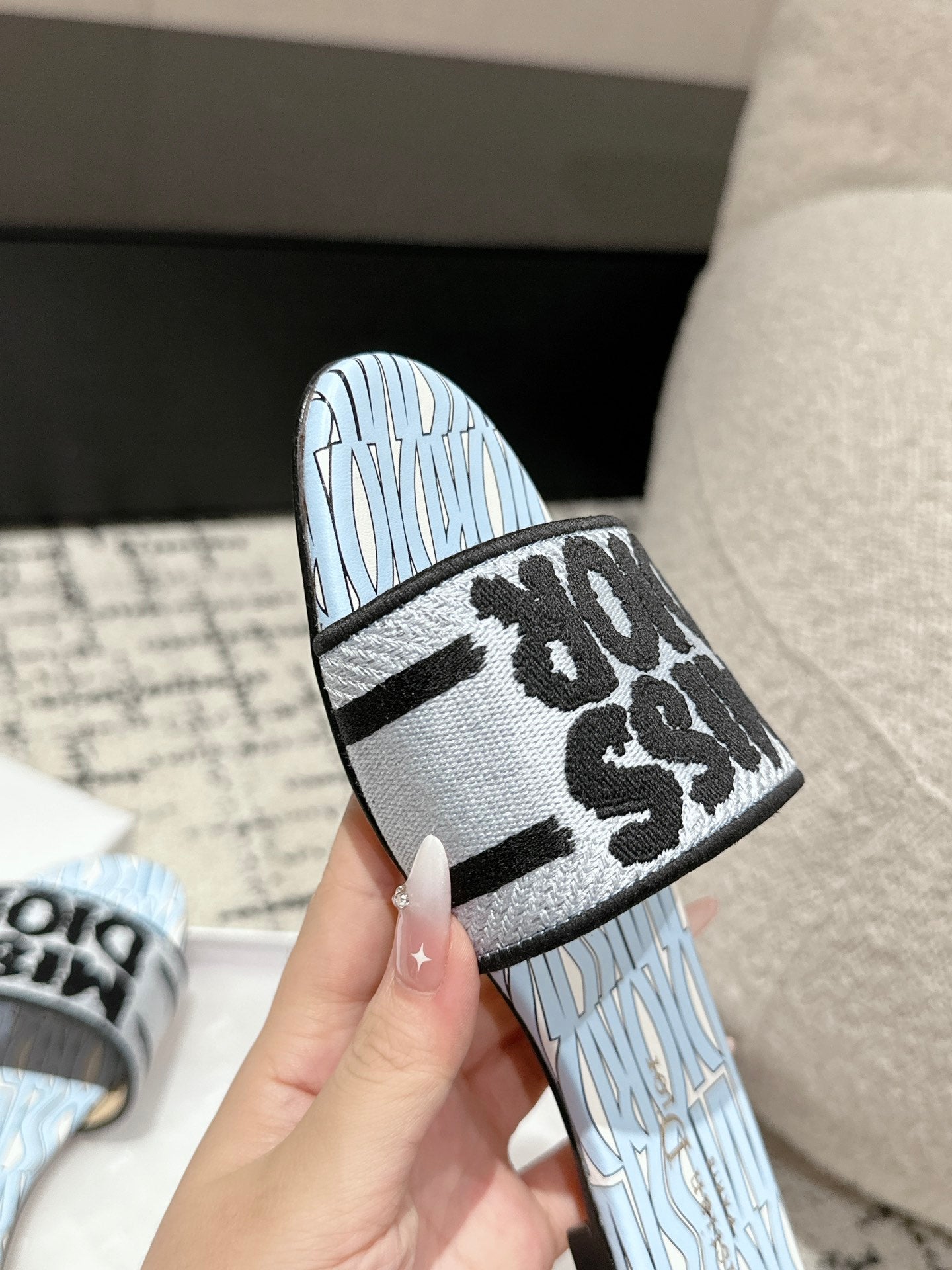 DIOR Dway Slide Blue Black Embroidered Cotton