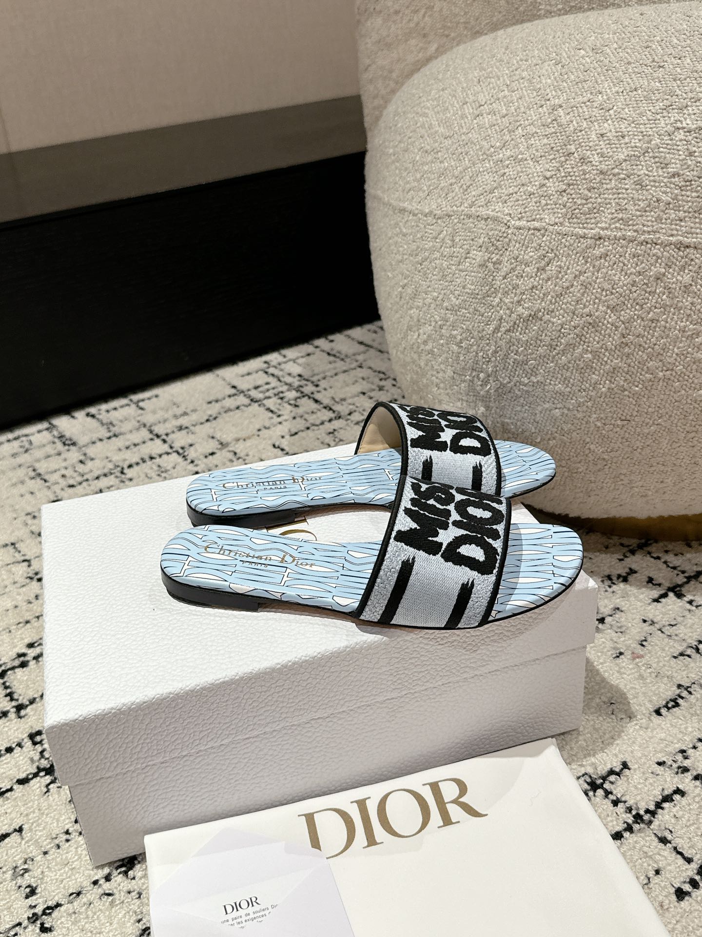 DIOR Dway Slide Blue Black Embroidered Cotton