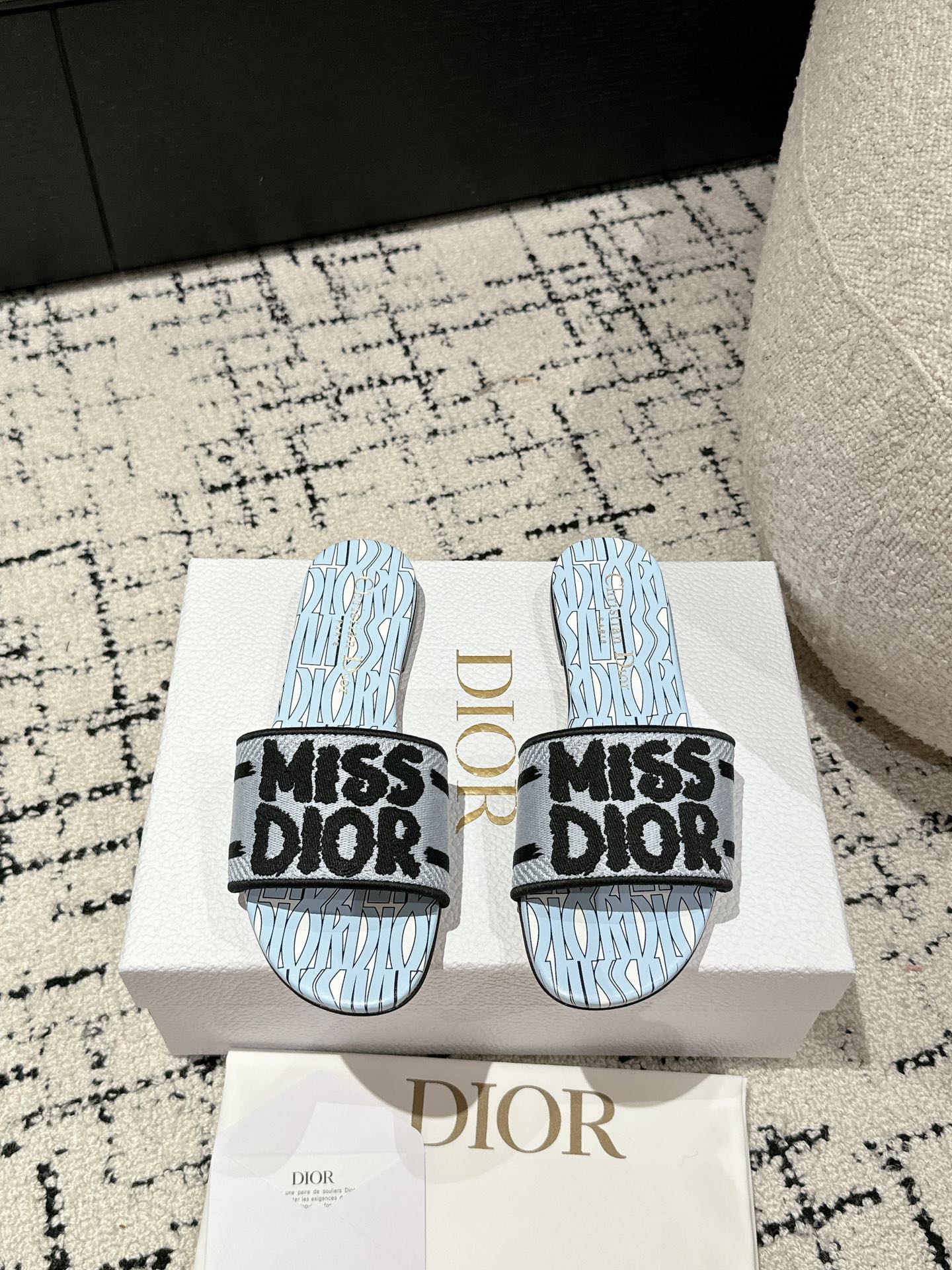DIOR Dway Slide Blue Black Embroidered Cotton