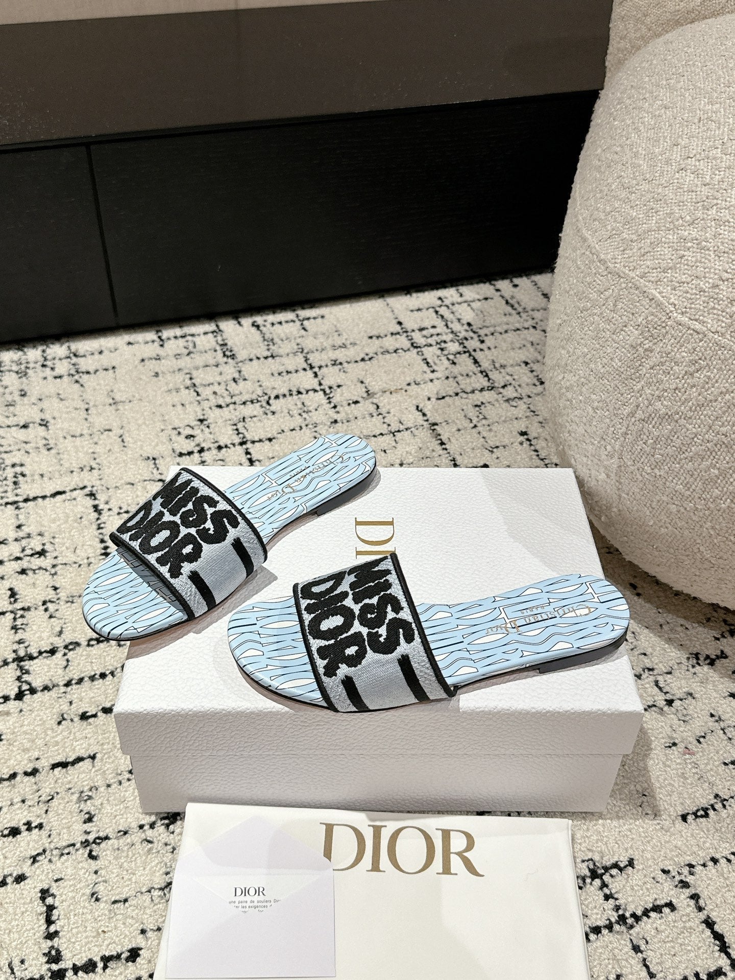 DIOR Dway Slide Blue Black Embroidered Cotton