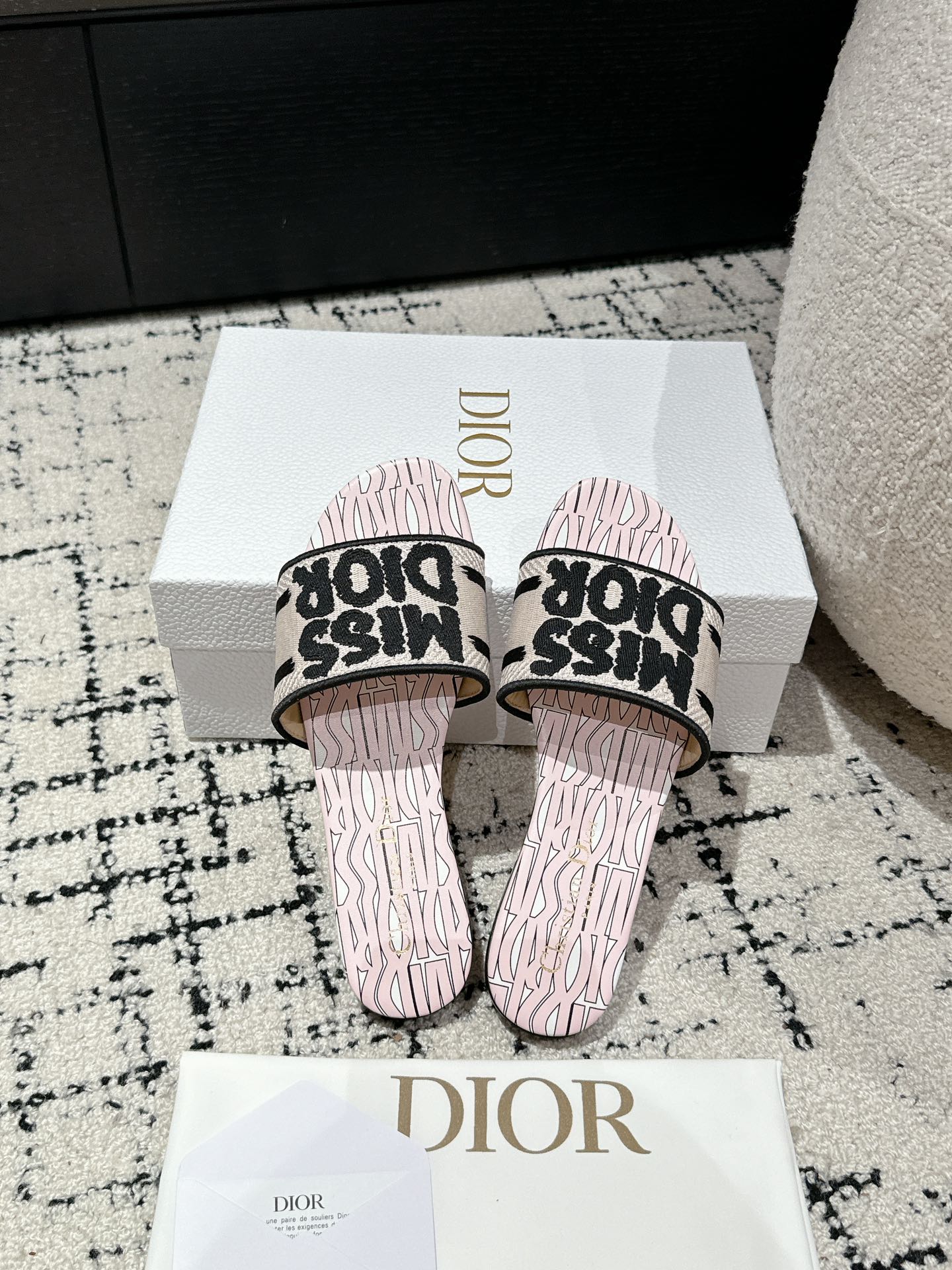 DIOR Dway Slide Pink Mix Black Embroidered Cotton