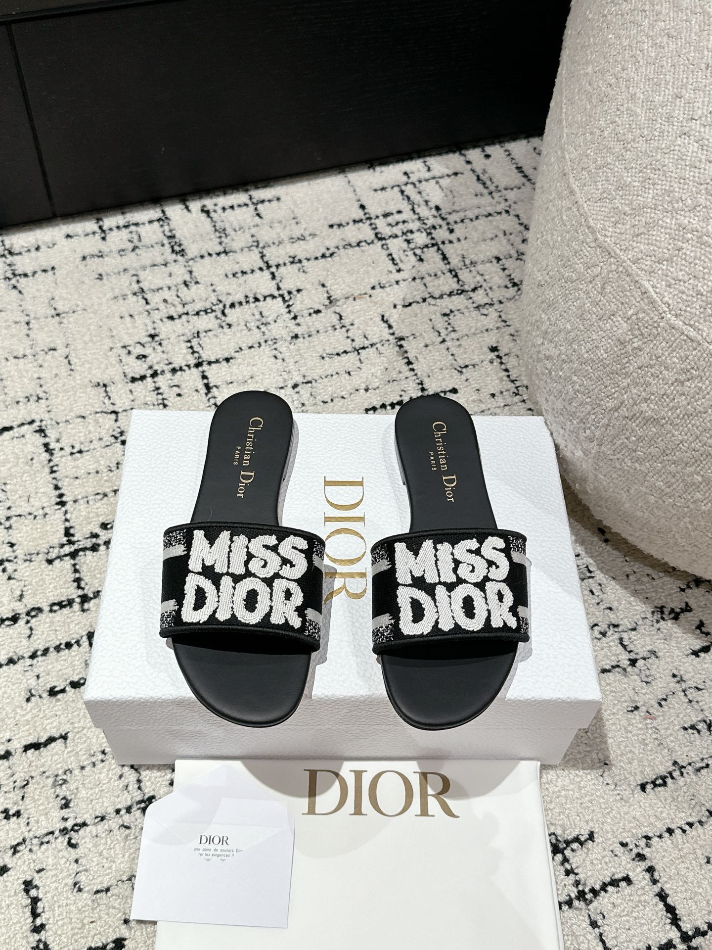 DIOR Dway Slide Black Mix White Embroidered Cotton