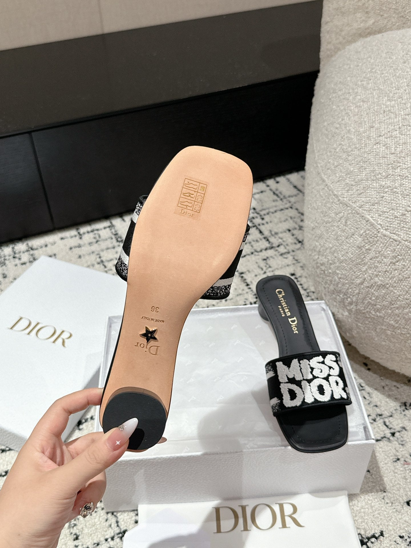DIOR Dway Heeled Slide Black Mix White Embroidered Cotton