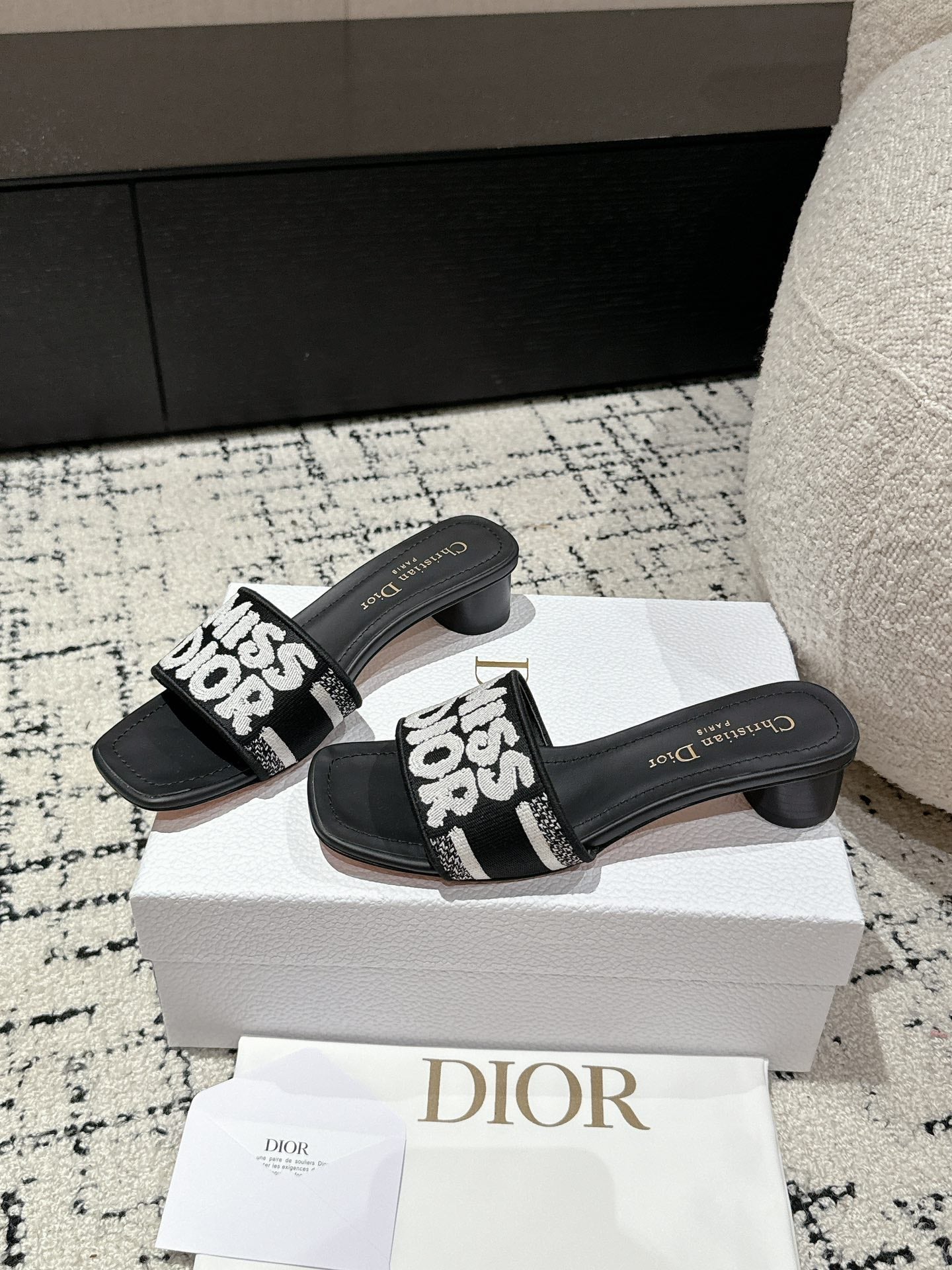 DIOR Dway Heeled Slide Black Mix White Embroidered Cotton