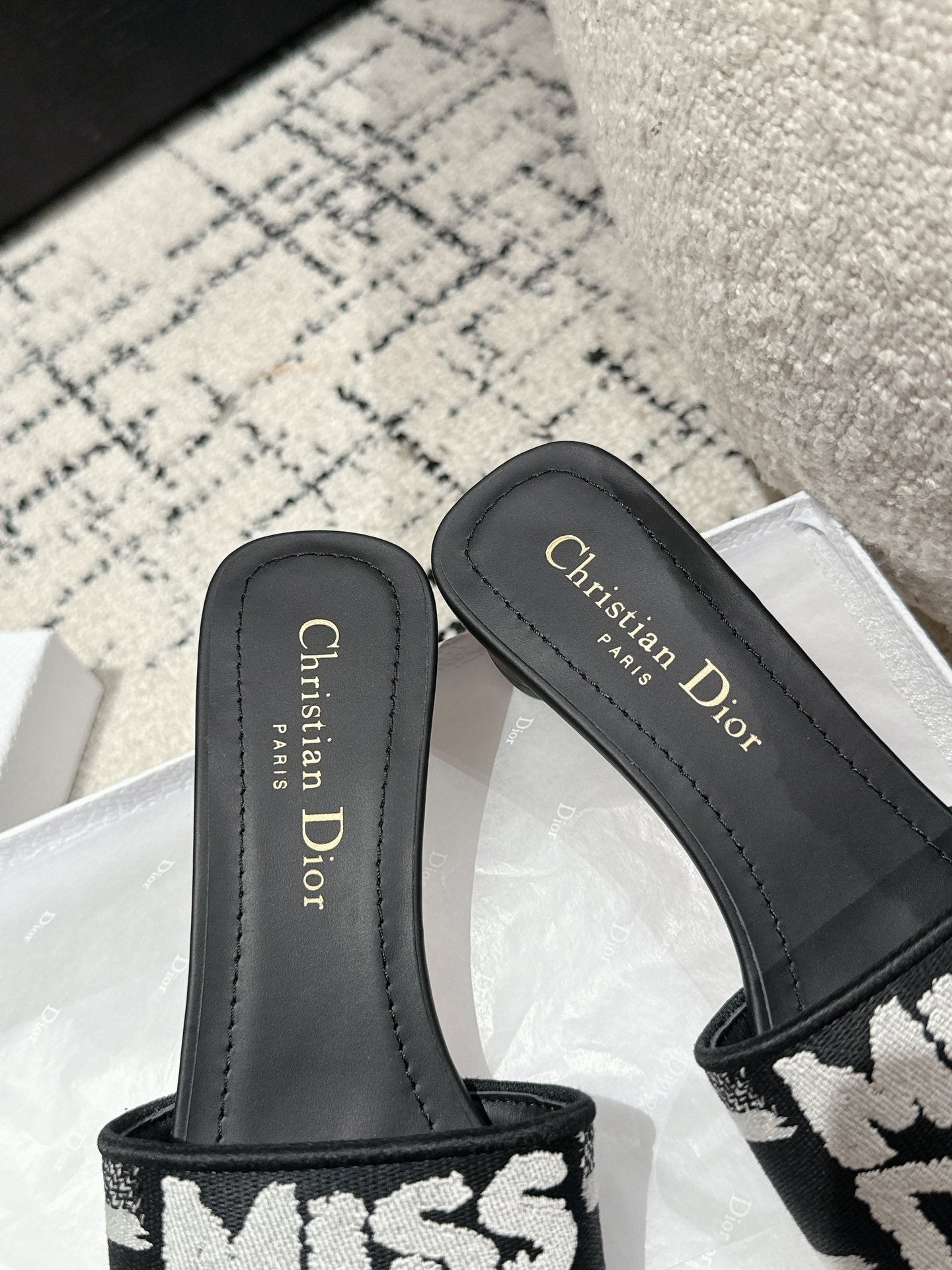 DIOR Dway Heeled Slide Black Mix White Embroidered Cotton