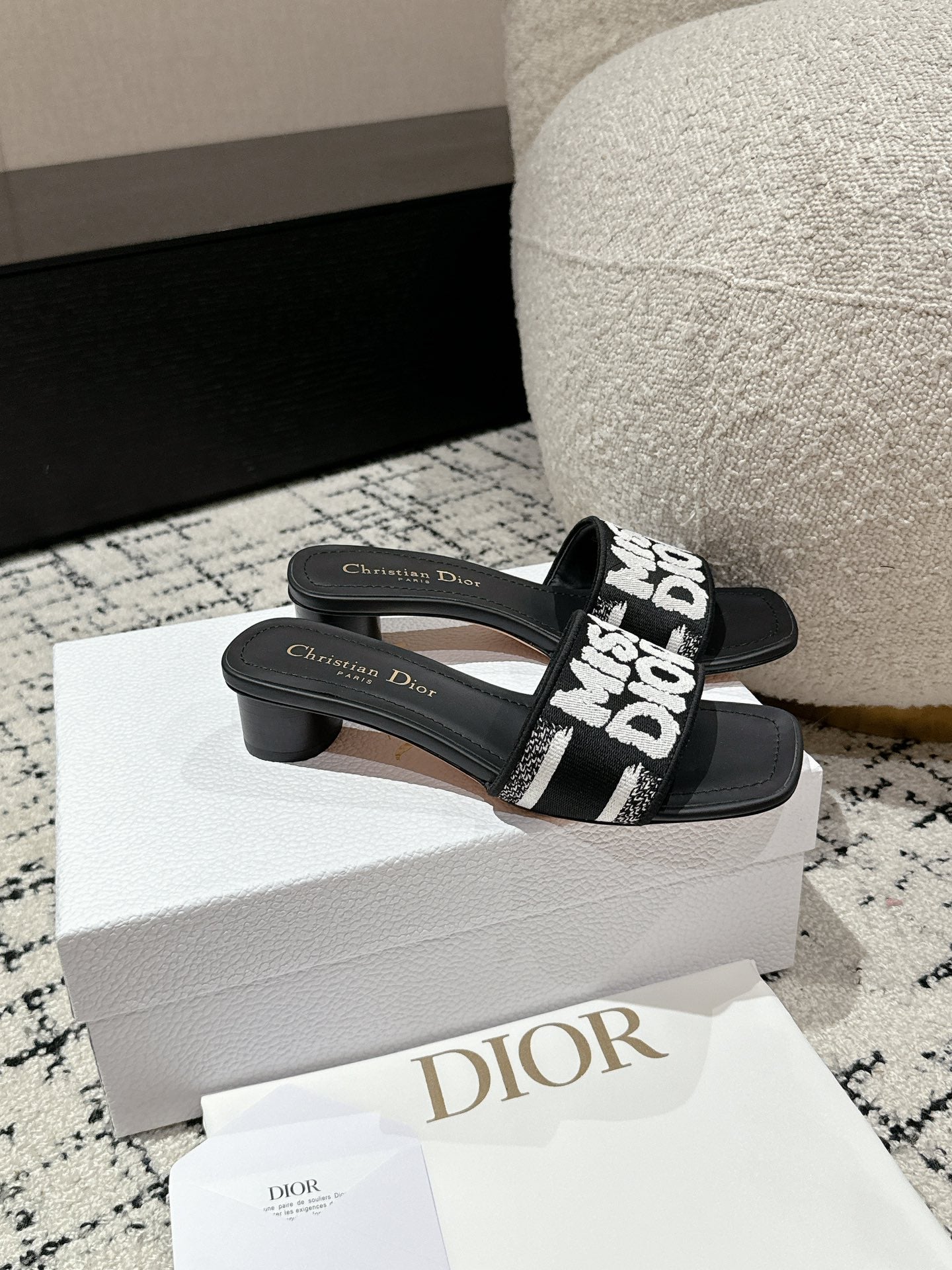 DIOR Dway Heeled Slide Black Mix White Embroidered Cotton