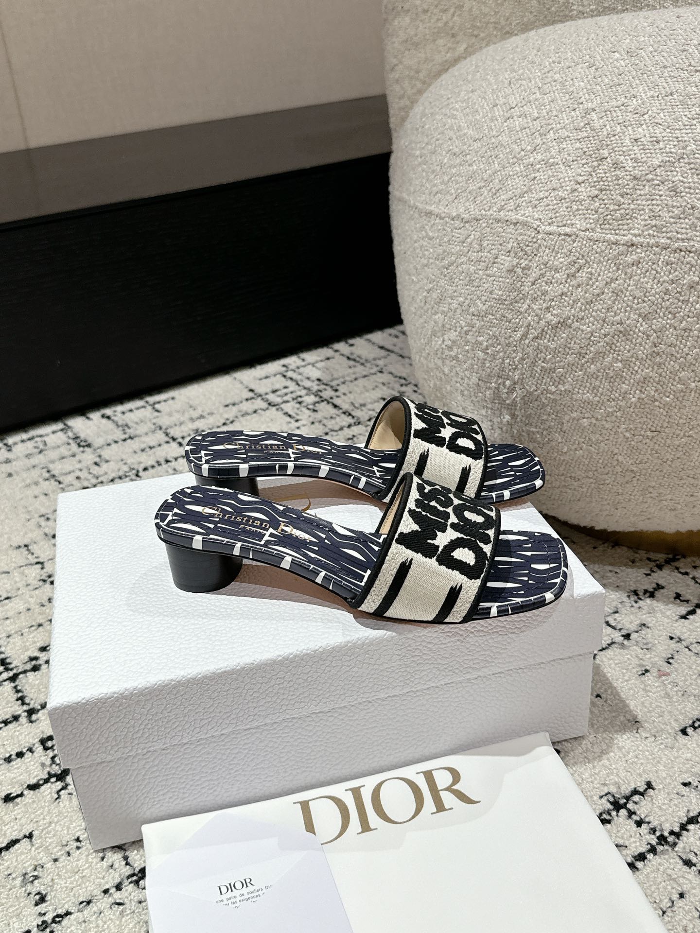 DIOR Dway Heeled Slide Deep Blue Mix Black White Embroidered Cotton