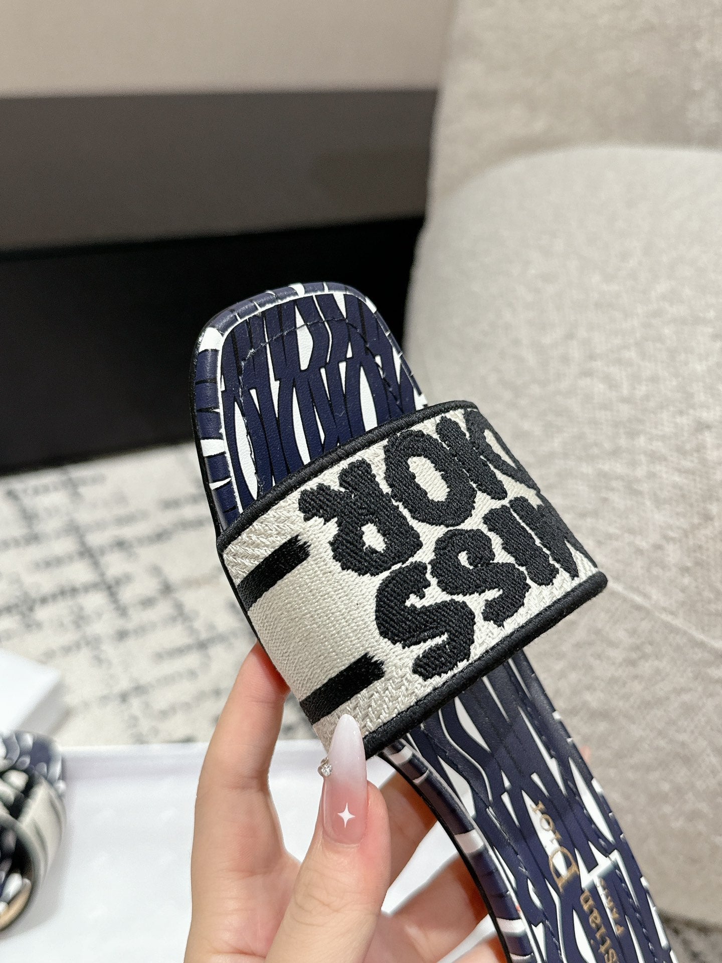 DIOR Dway Heeled Slide Deep Blue Mix Black White Embroidered Cotton
