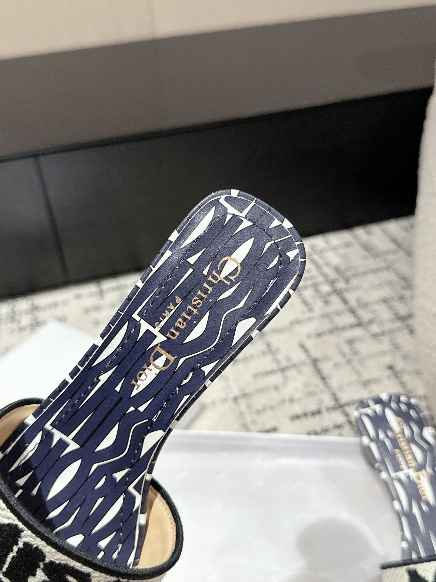 DIOR Dway Heeled Slide Deep Blue Mix Black White Embroidered Cotton