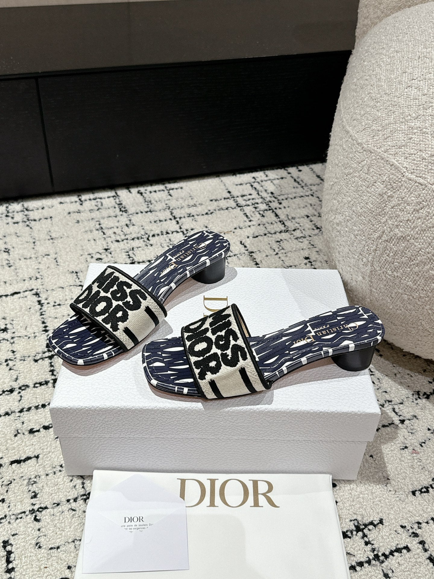 DIOR Dway Heeled Slide Deep Blue Mix Black White Embroidered Cotton