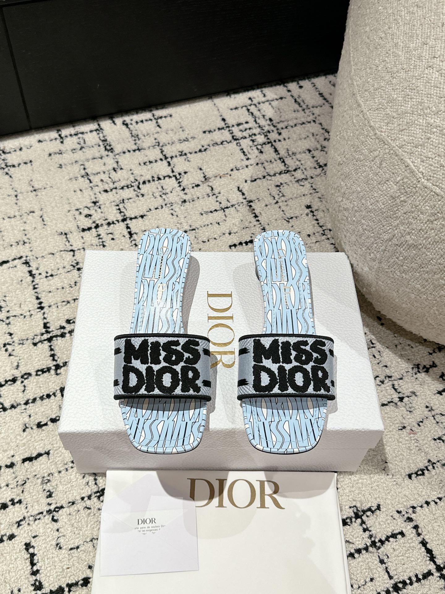 DIOR Dway Heeled Slide Blue Black Embroidered Cotton