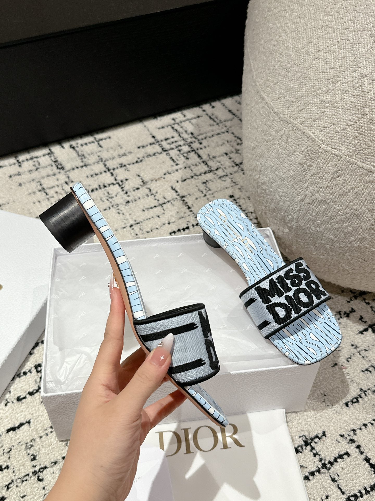 DIOR Dway Heeled Slide Blue Black Embroidered Cotton