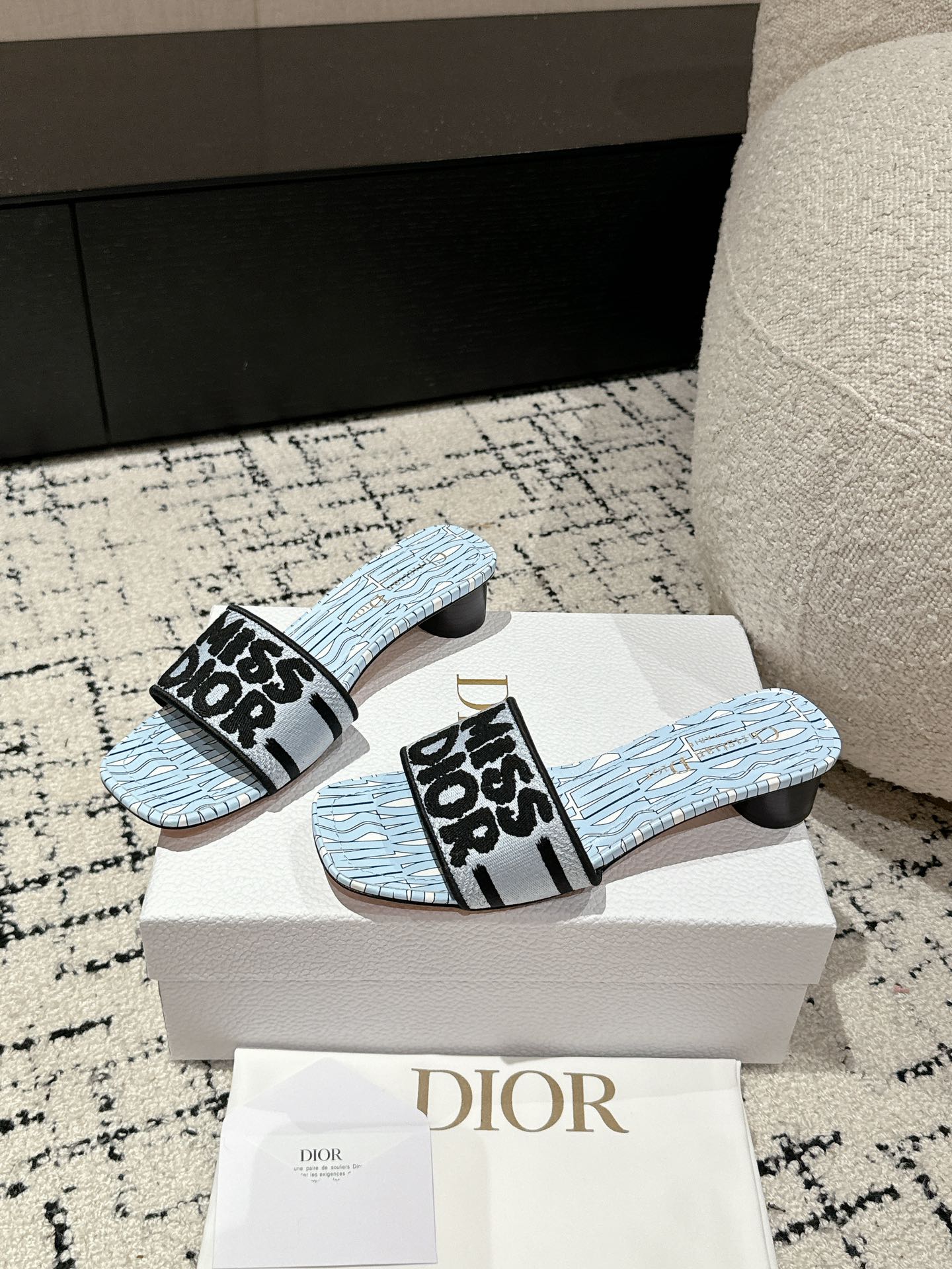 DIOR Dway Heeled Slide Blue Black Embroidered Cotton