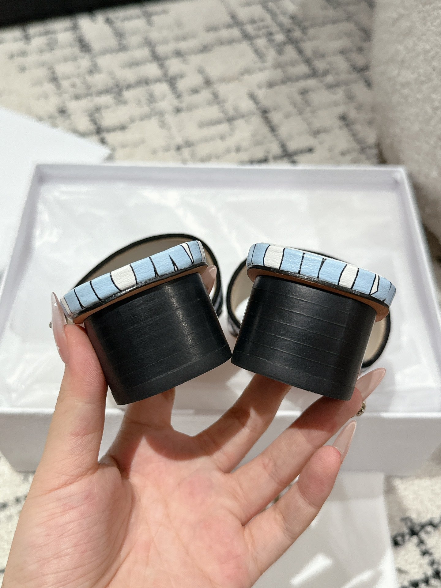 DIOR Dway Heeled Slide Blue Black Embroidered Cotton