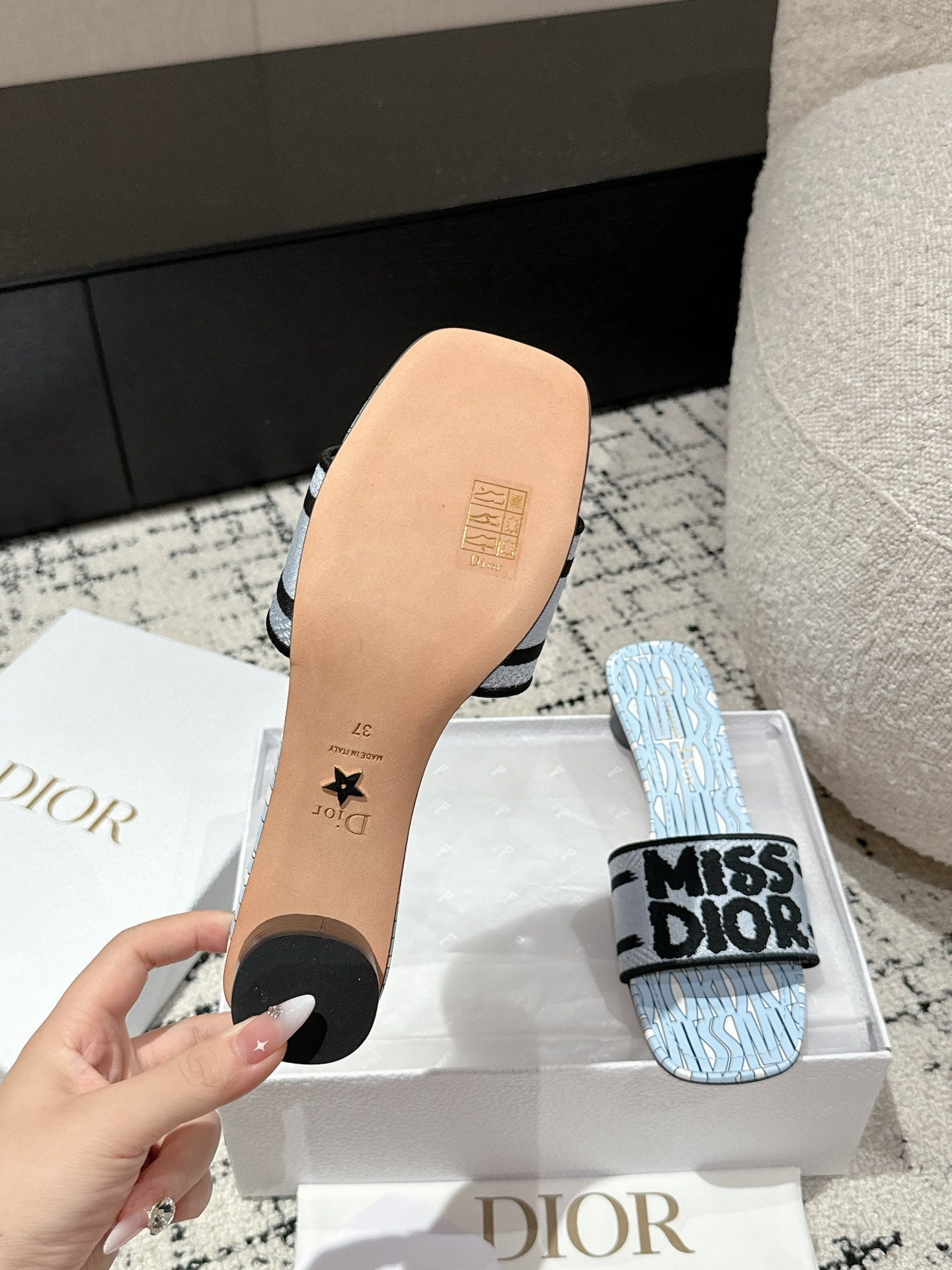 DIOR Dway Heeled Slide Blue Black Embroidered Cotton