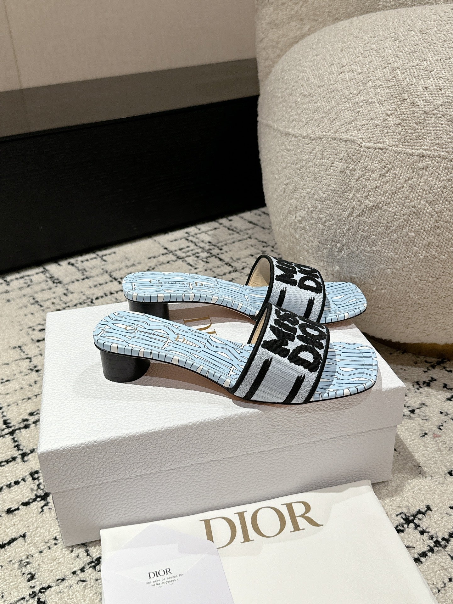 DIOR Dway Heeled Slide Blue Black Embroidered Cotton