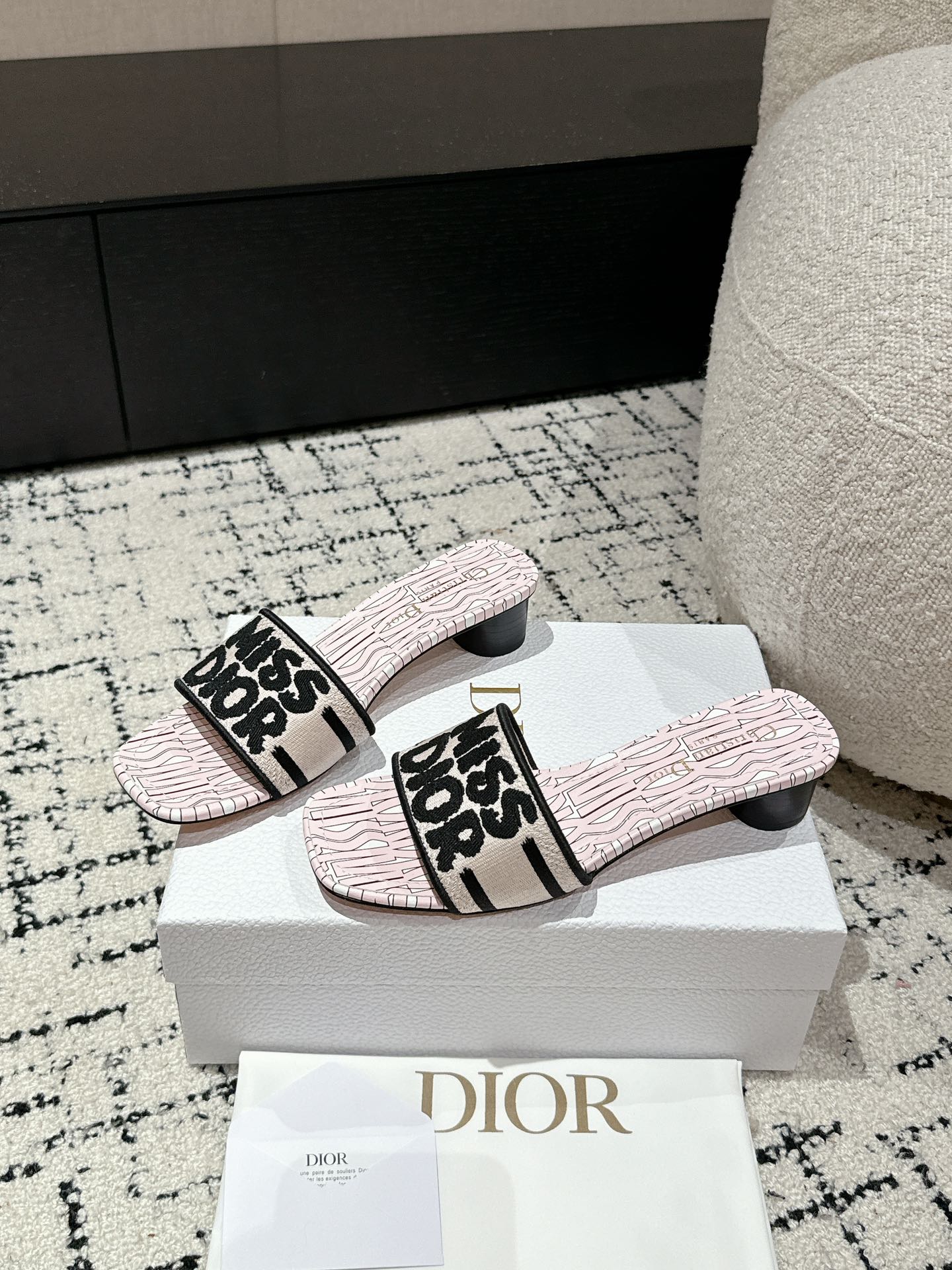 DIOR Dway Heeled Slide Light Pink Black Embroidered Cotton