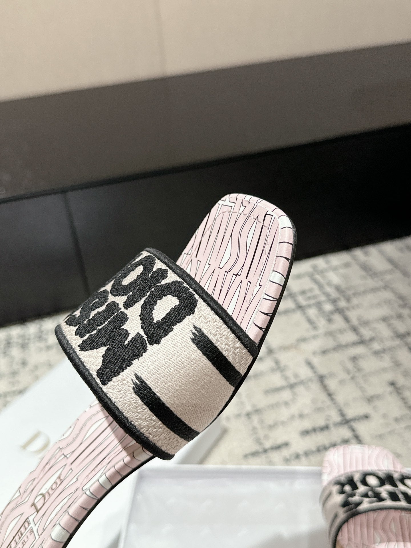 DIOR Dway Heeled Slide Light Pink Black Embroidered Cotton