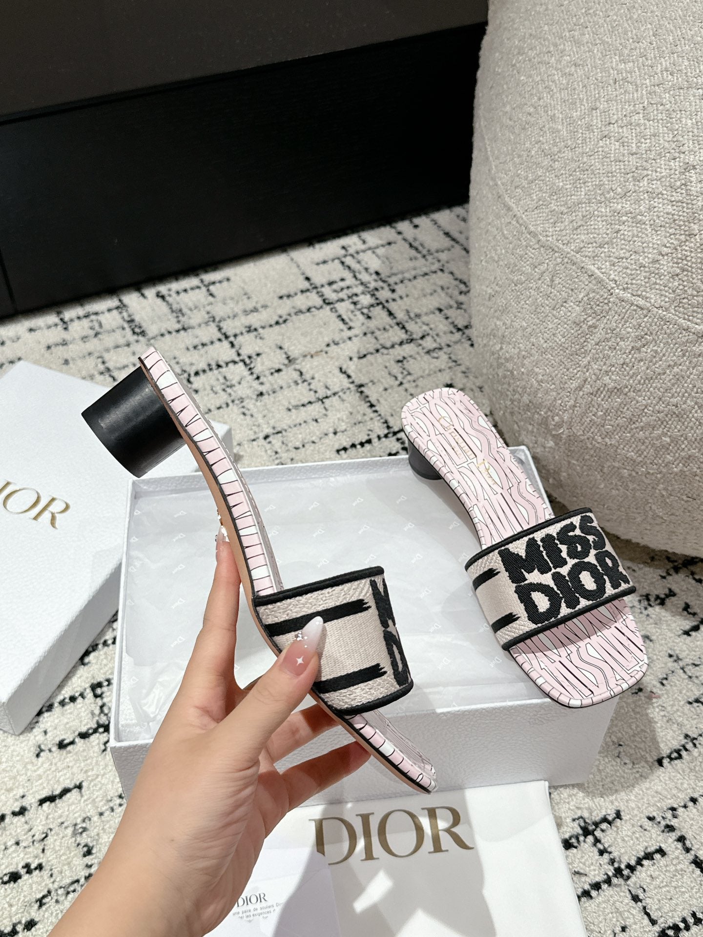 DIOR Dway Heeled Slide Light Pink Black Embroidered Cotton