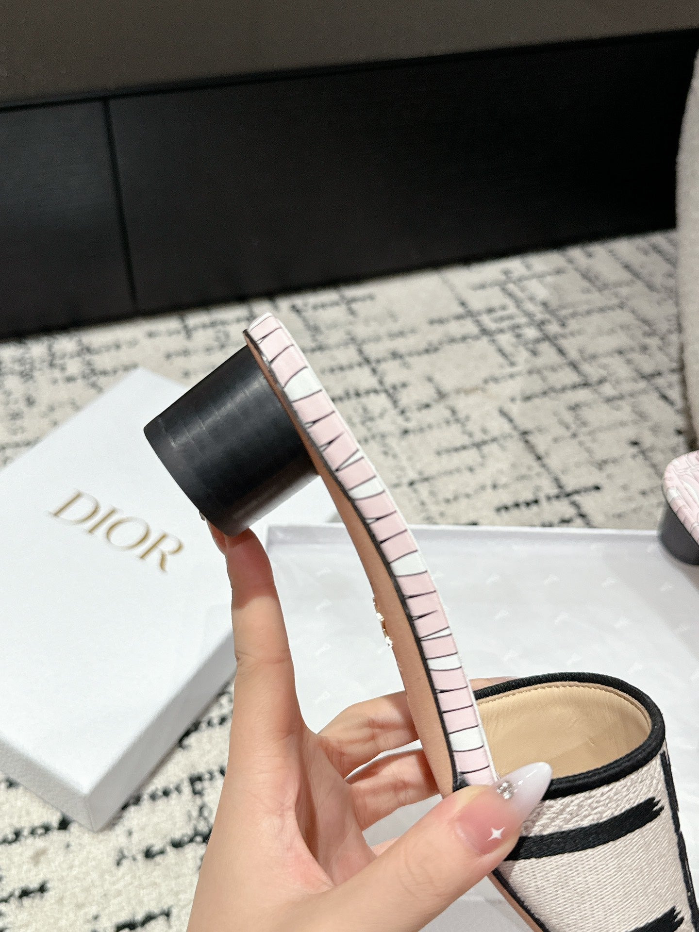 DIOR Dway Heeled Slide Light Pink Black Embroidered Cotton