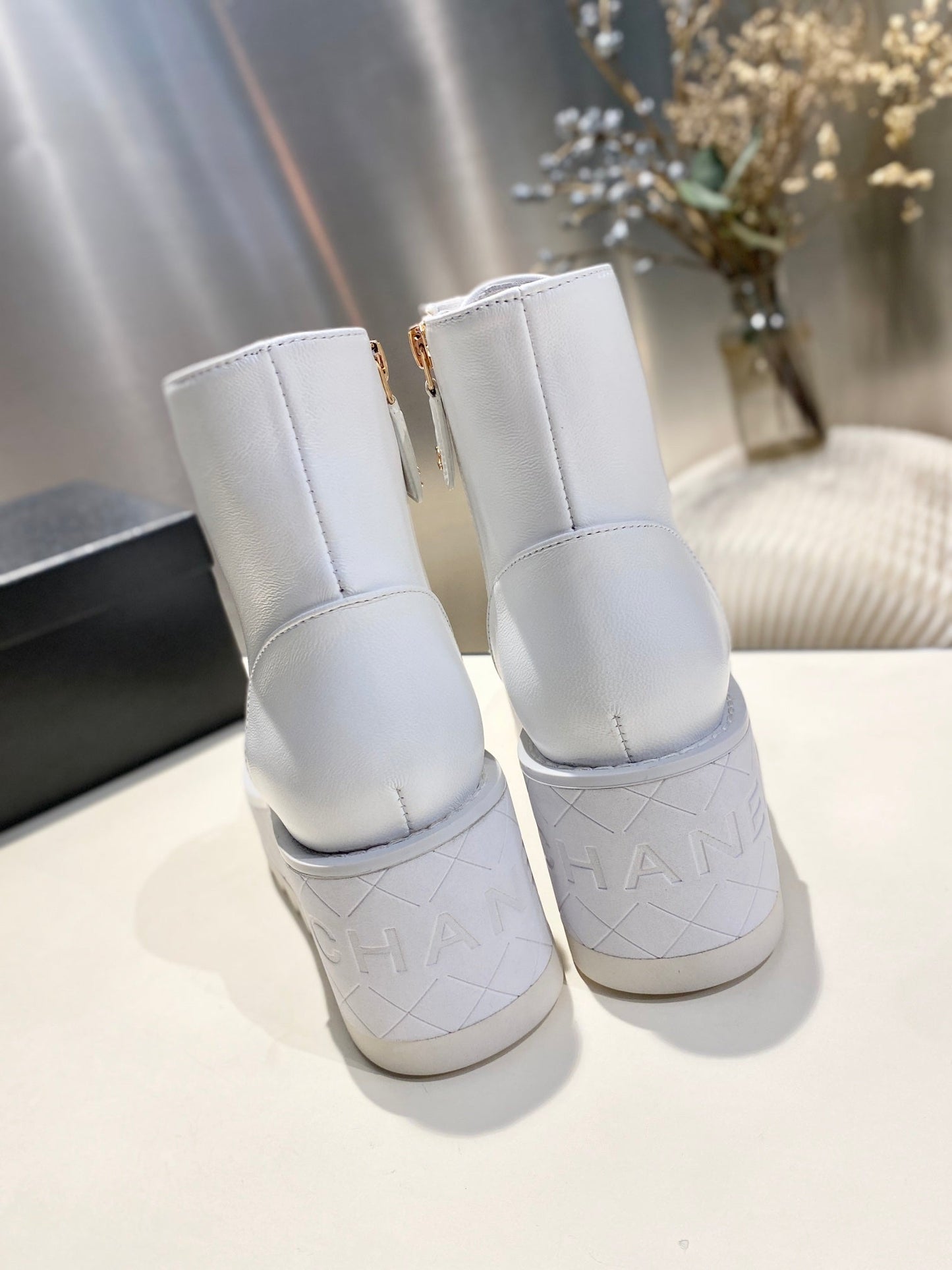 CHANEL Ankle Boots 100m White Lambskin