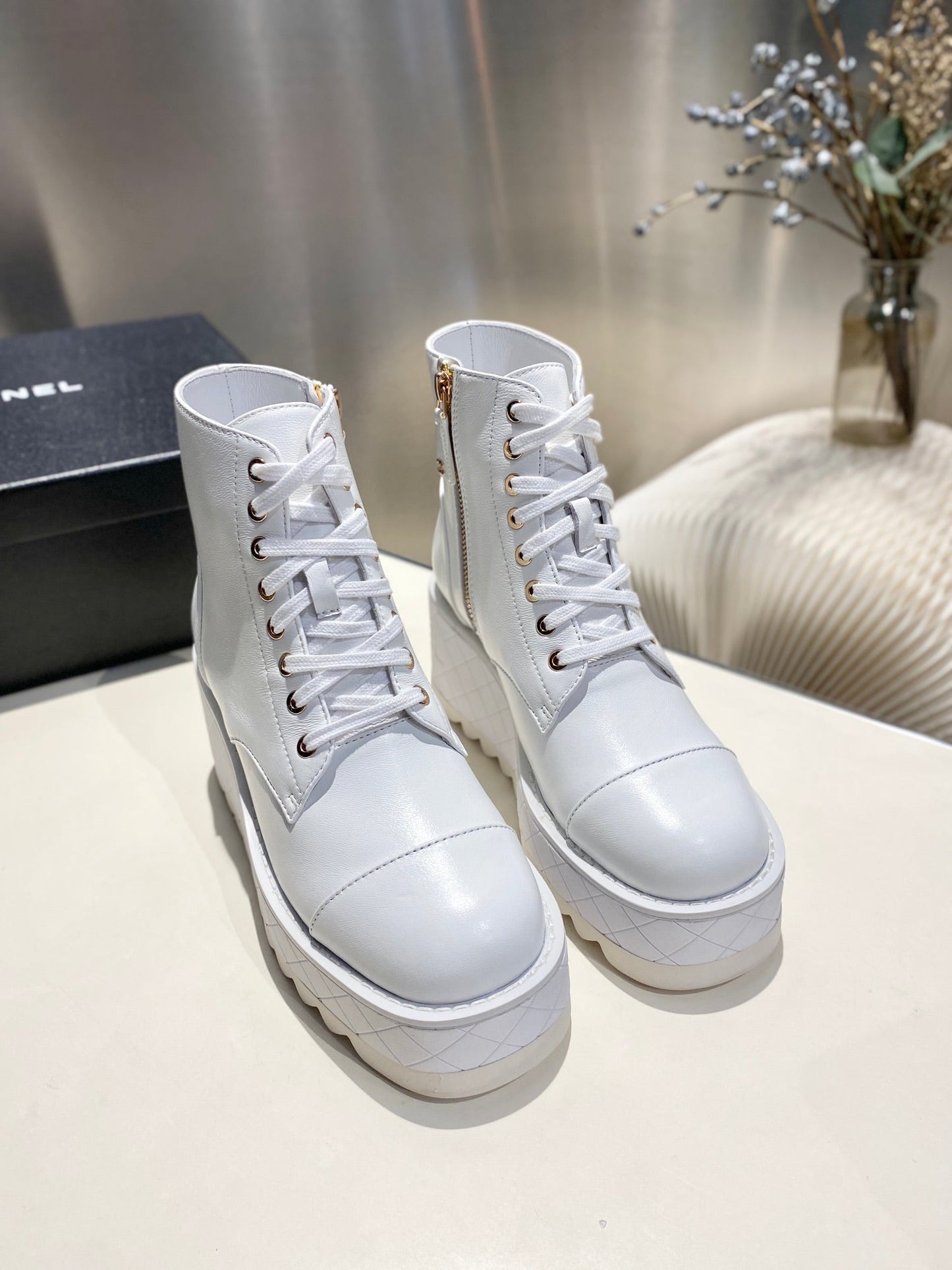 CHANEL Ankle Boots 100m White Lambskin