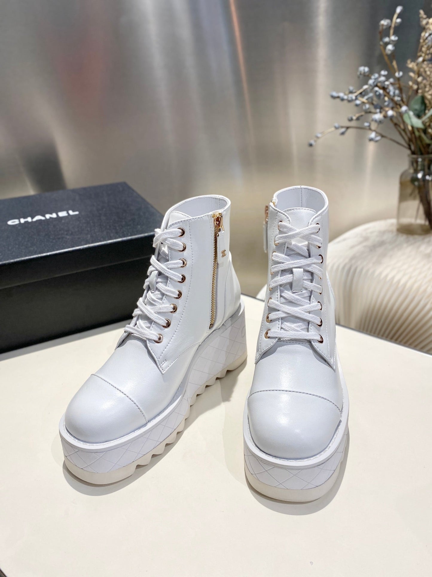 CHANEL Ankle Boots 100m White Lambskin