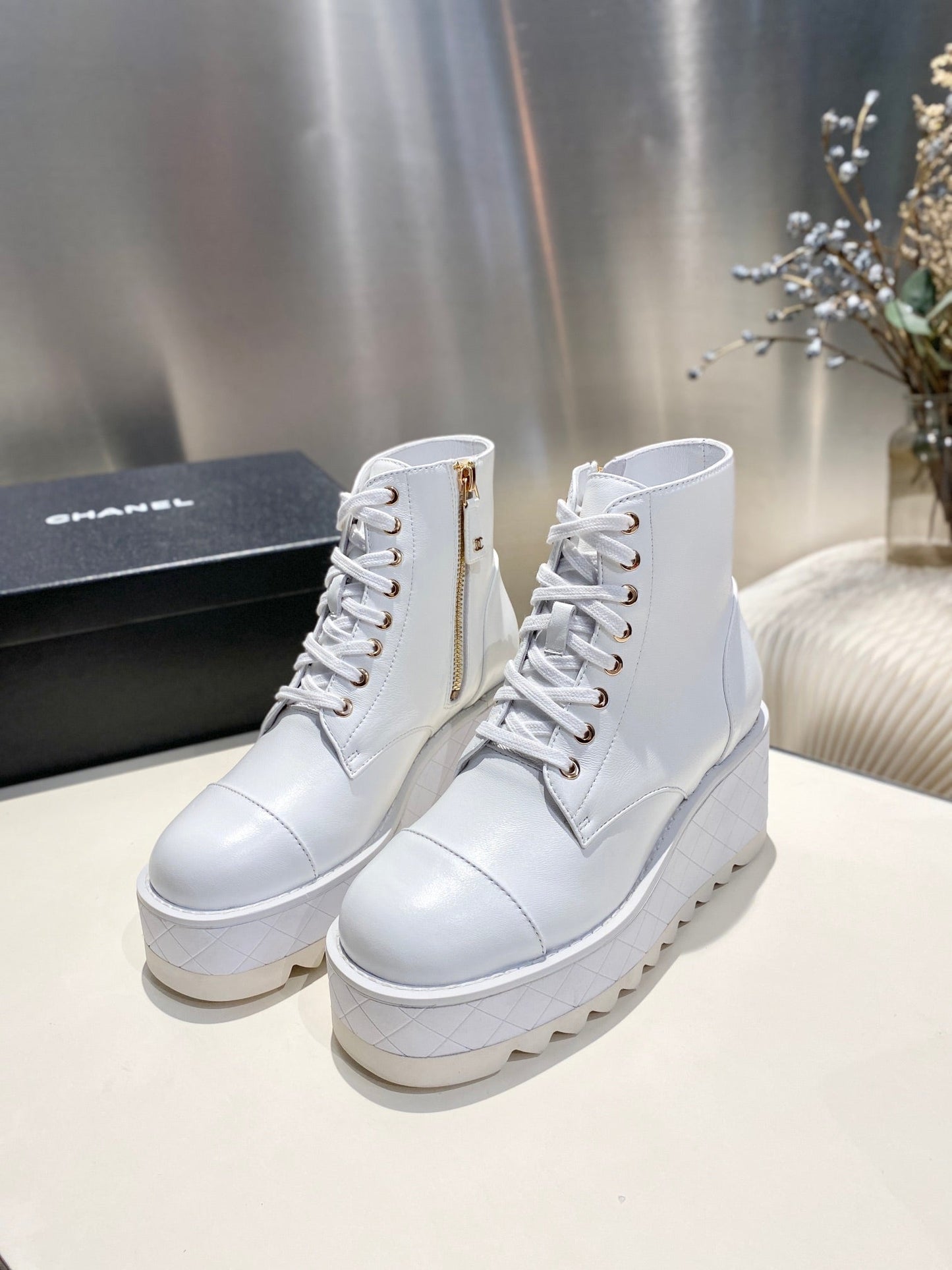 CHANEL Ankle Boots 100m White Lambskin