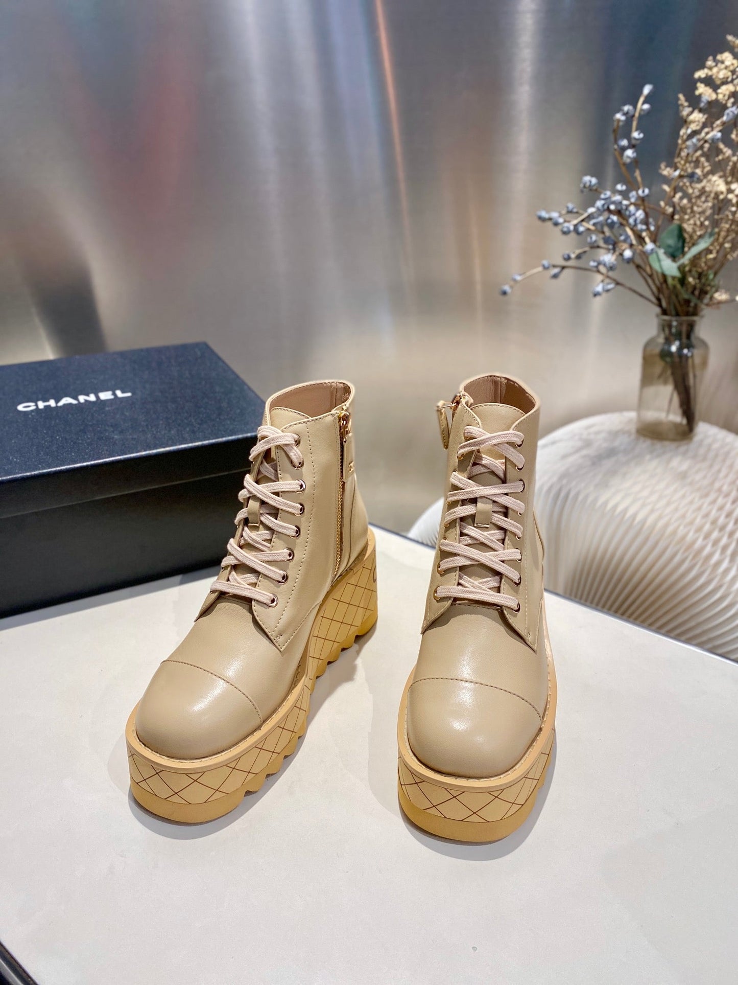 CHANEL Ankle Boots 100m Beige Lambskin