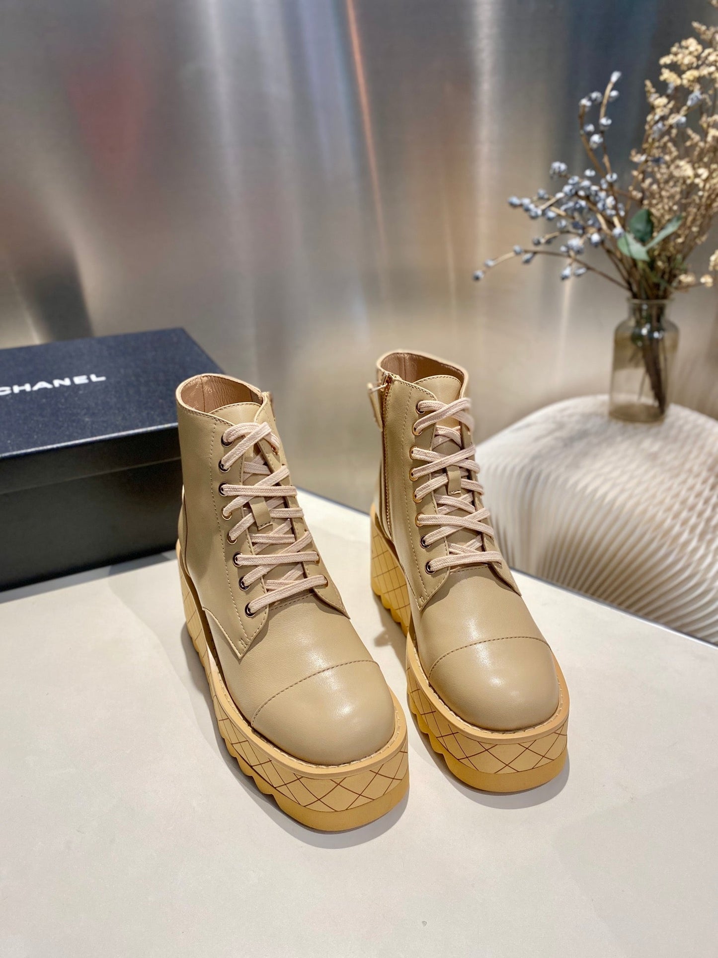 CHANEL Ankle Boots 100m Beige Lambskin