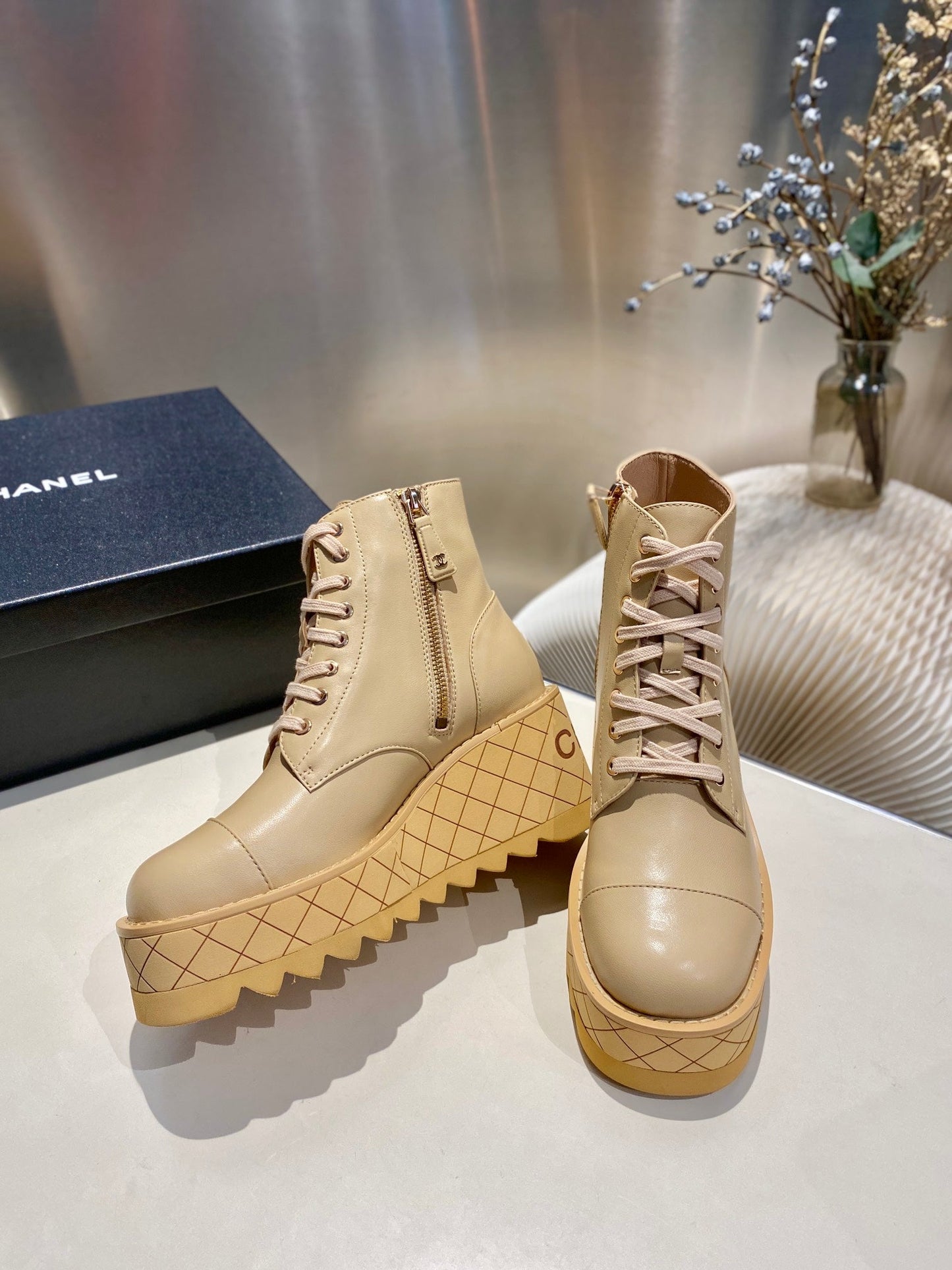CHANEL Ankle Boots 100m Beige Lambskin