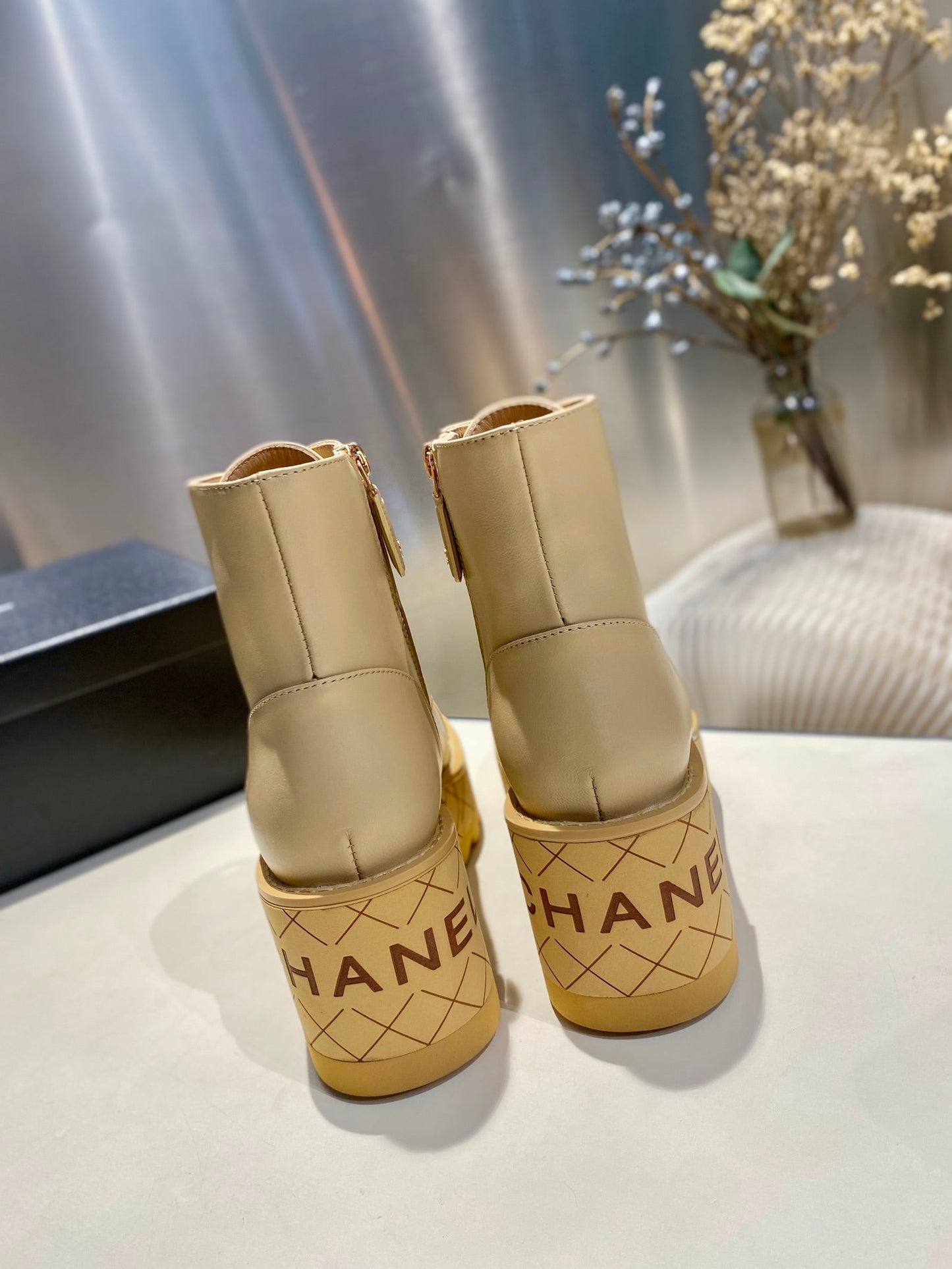 CHANEL Ankle Boots 100m Beige Lambskin