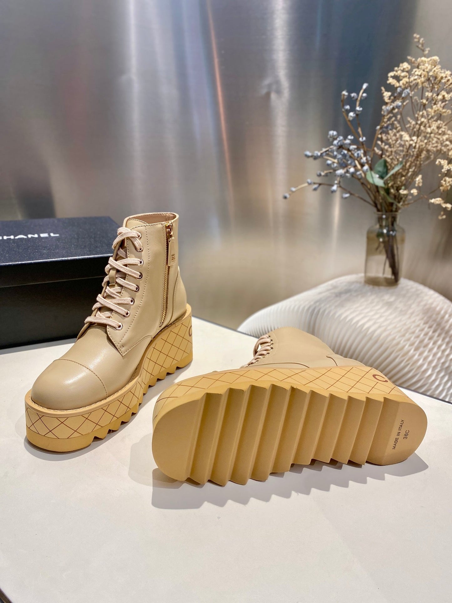 CHANEL Ankle Boots 100m Beige Lambskin