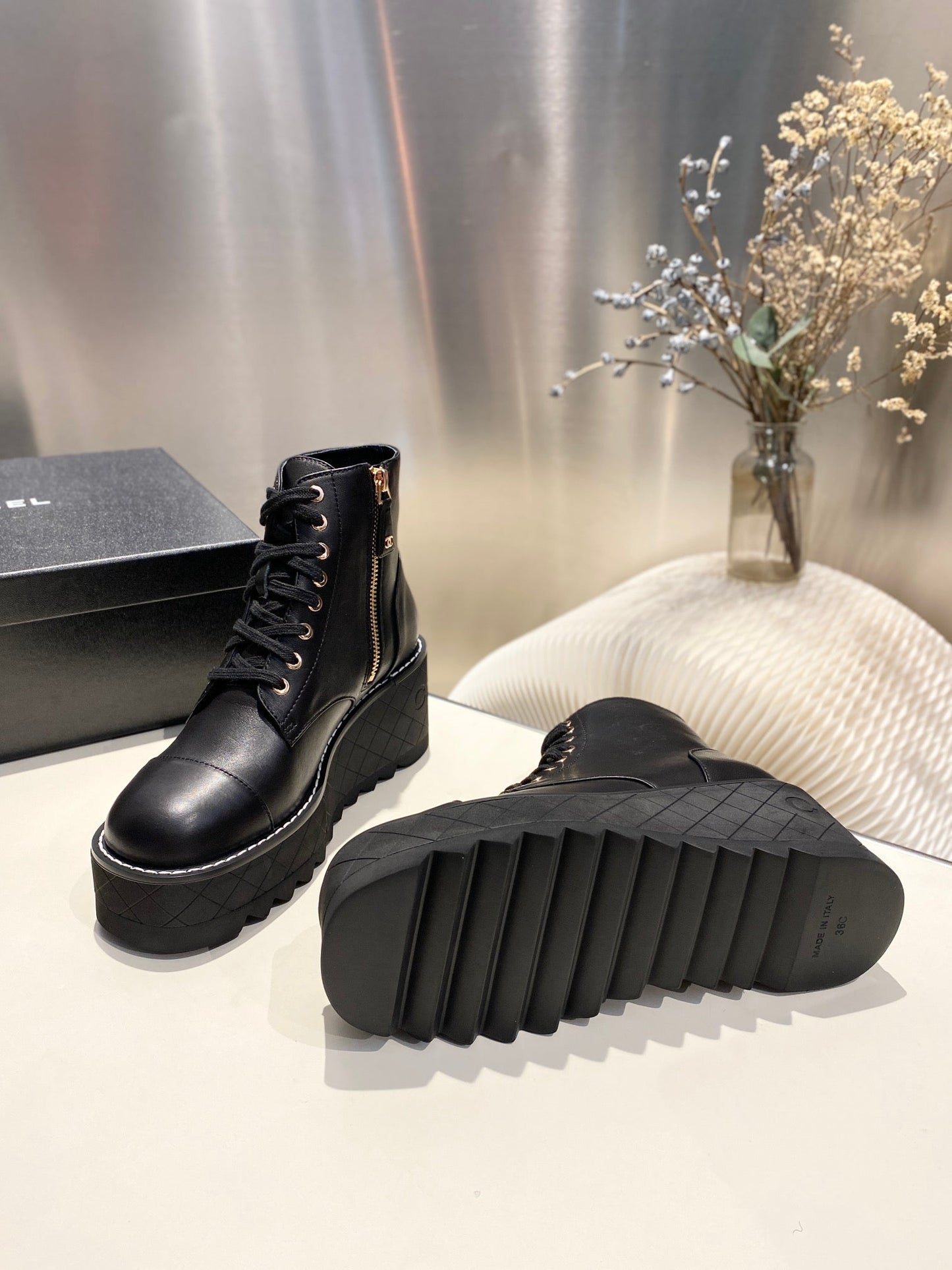 CHANEL Ankle Boots 100m Black Lambskin