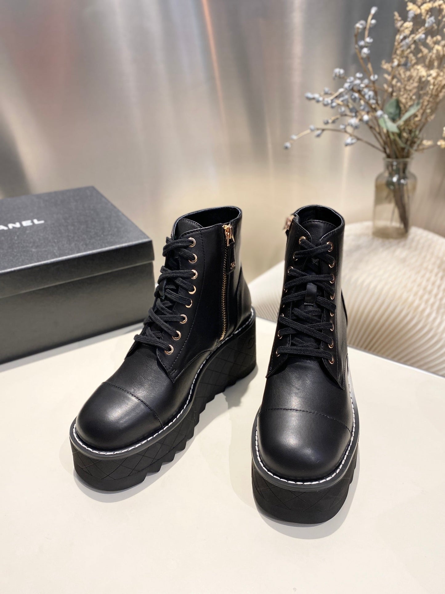 CHANEL Ankle Boots 100m Black Lambskin